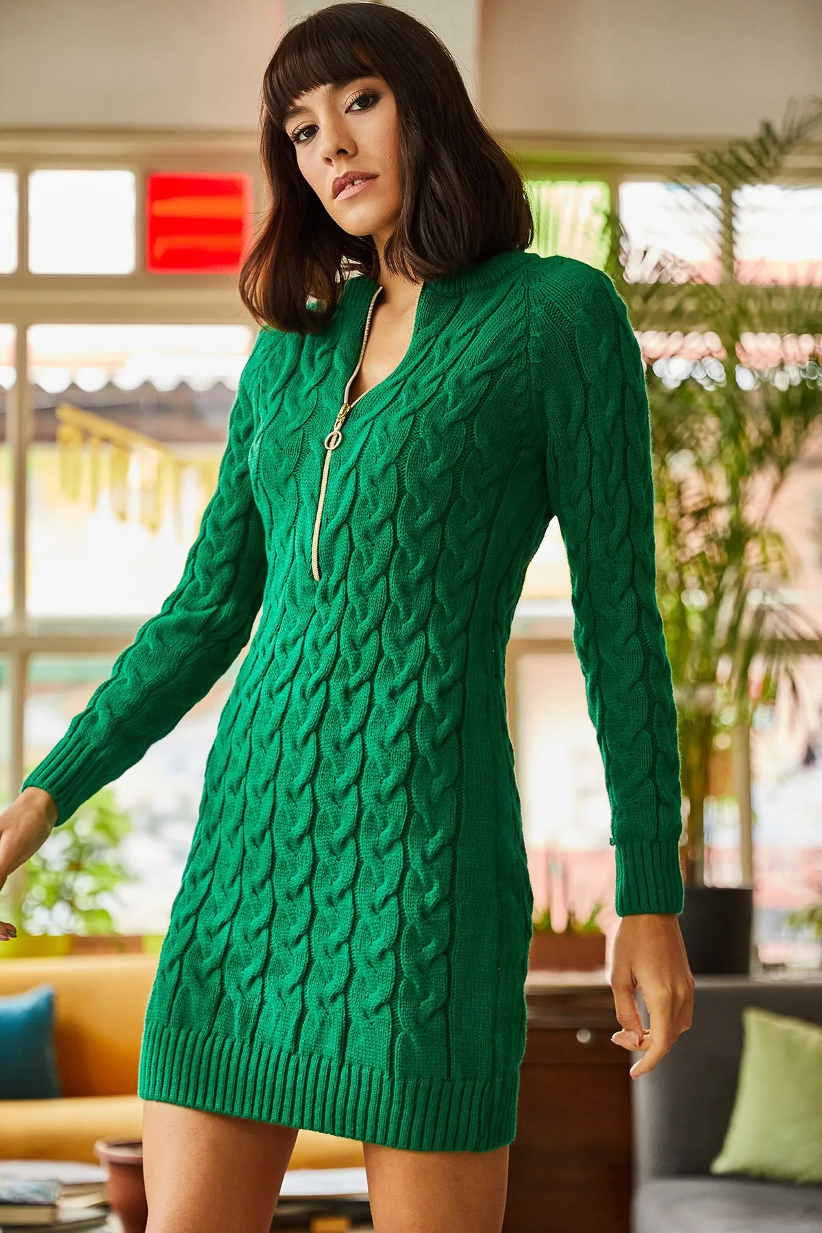 Olalook  Grünes geflochtenes Strickkleid mit Reißverschluss für Damen ELB-19001362