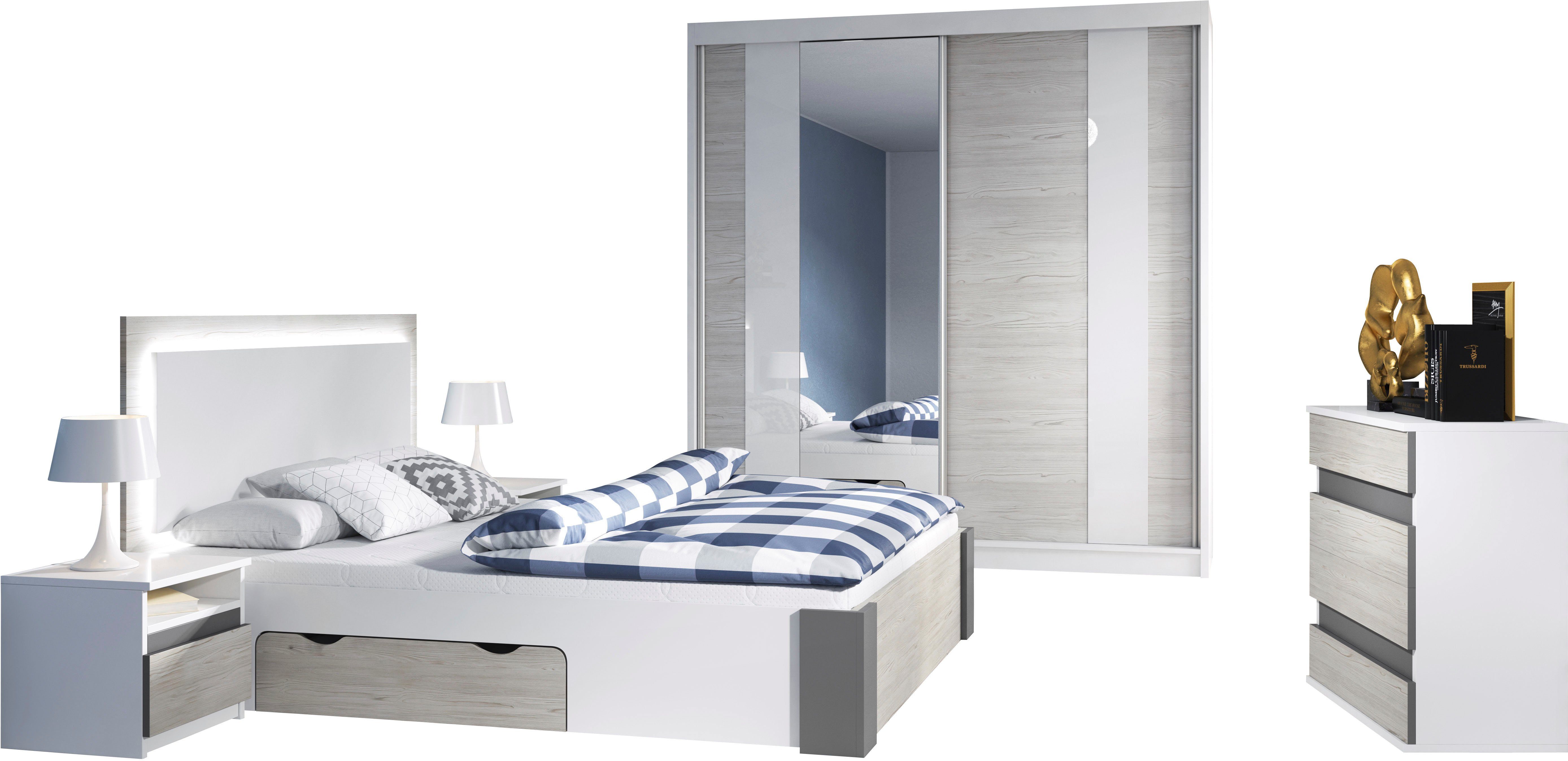 Polini kids Schlafzimmer-Set Polini Porto, (Set, 5-St., bestehend aus Bettgestell, Schiebetürenschrank, Kommode, Nachtkommoden), inklusive Bettkasten
