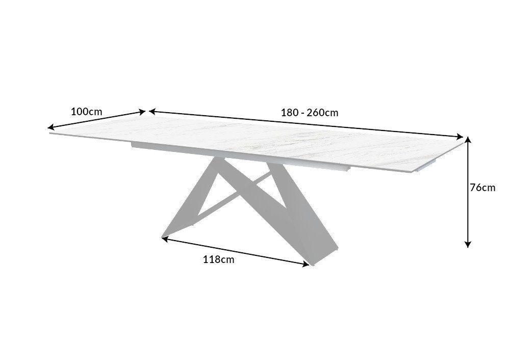 riess-ambiente Esstisch PROMETHEUS 180-220-260cm weiß-grau / dunkelgrau · bis 12 Personen (Einzelartikel, 1-St), Keramik · Glas · Metall · ausziehbar · Marmor-Design · Industrial
