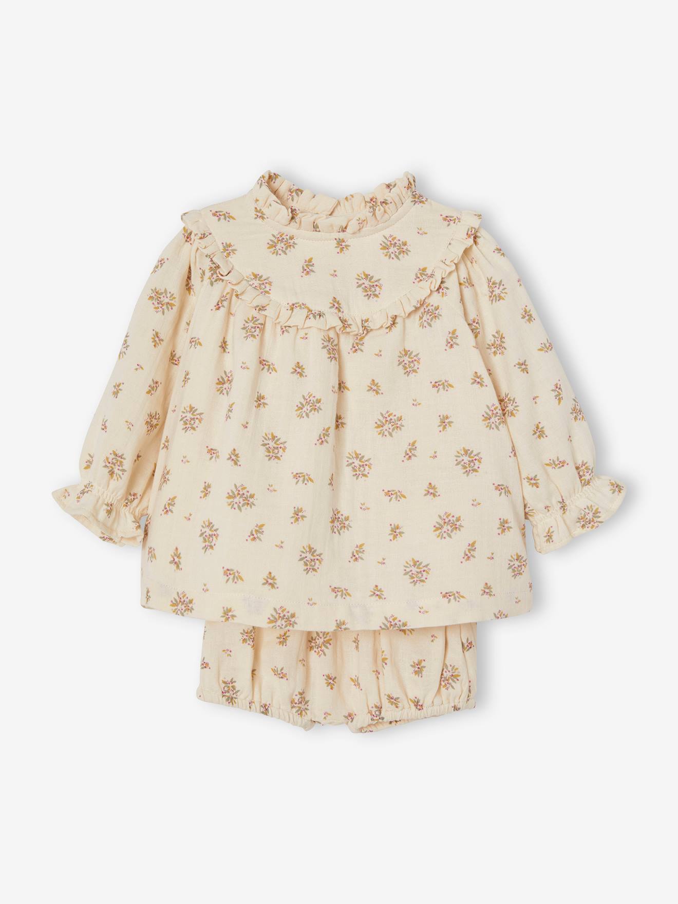 Vertbaudet Baby-Set: Musselinkleid & Shorts - beige bedruckt