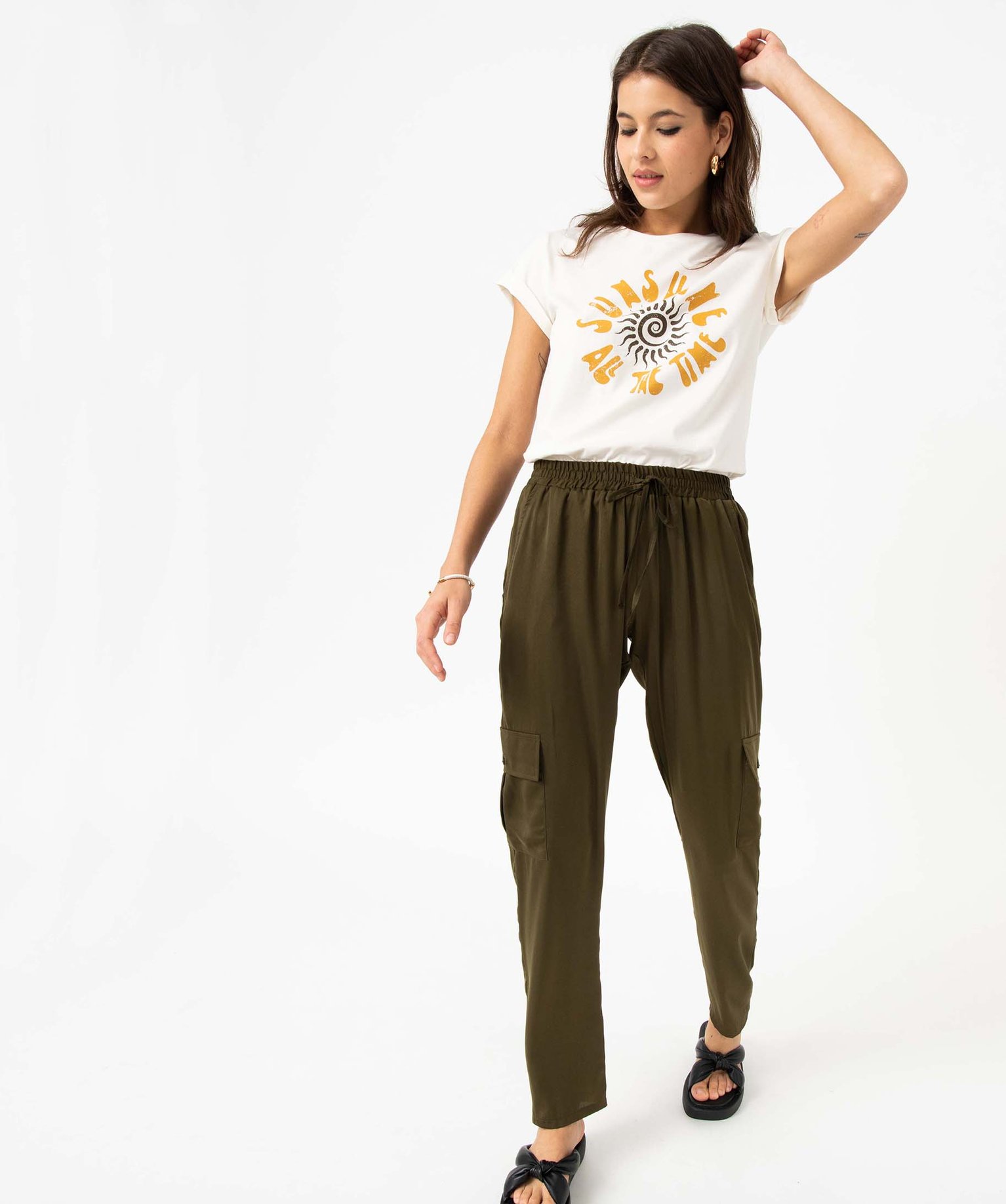 Tee-shirt femme imprimé à manches courtes beige | GEMO