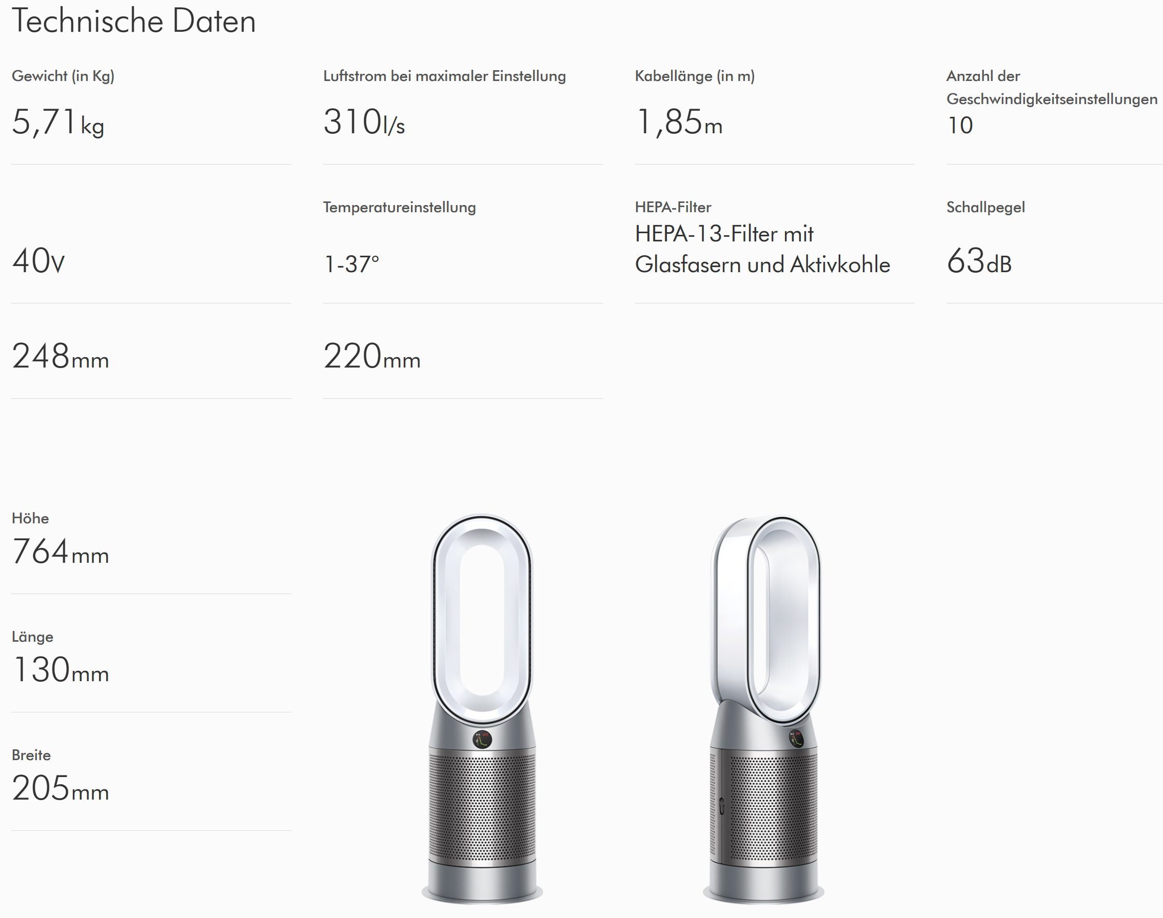 DYSON Kombigerät Luftreiniger, Ventilator und Heizlüfter HP7A Purifier Hot+Cool React 3in1 Ventilator Luftreiniger, Heizlüfter, für 45 m² Räume, leise Schlafzimmer geeignet, Allergiker Raucherzimmer Luftfilter 99,5%