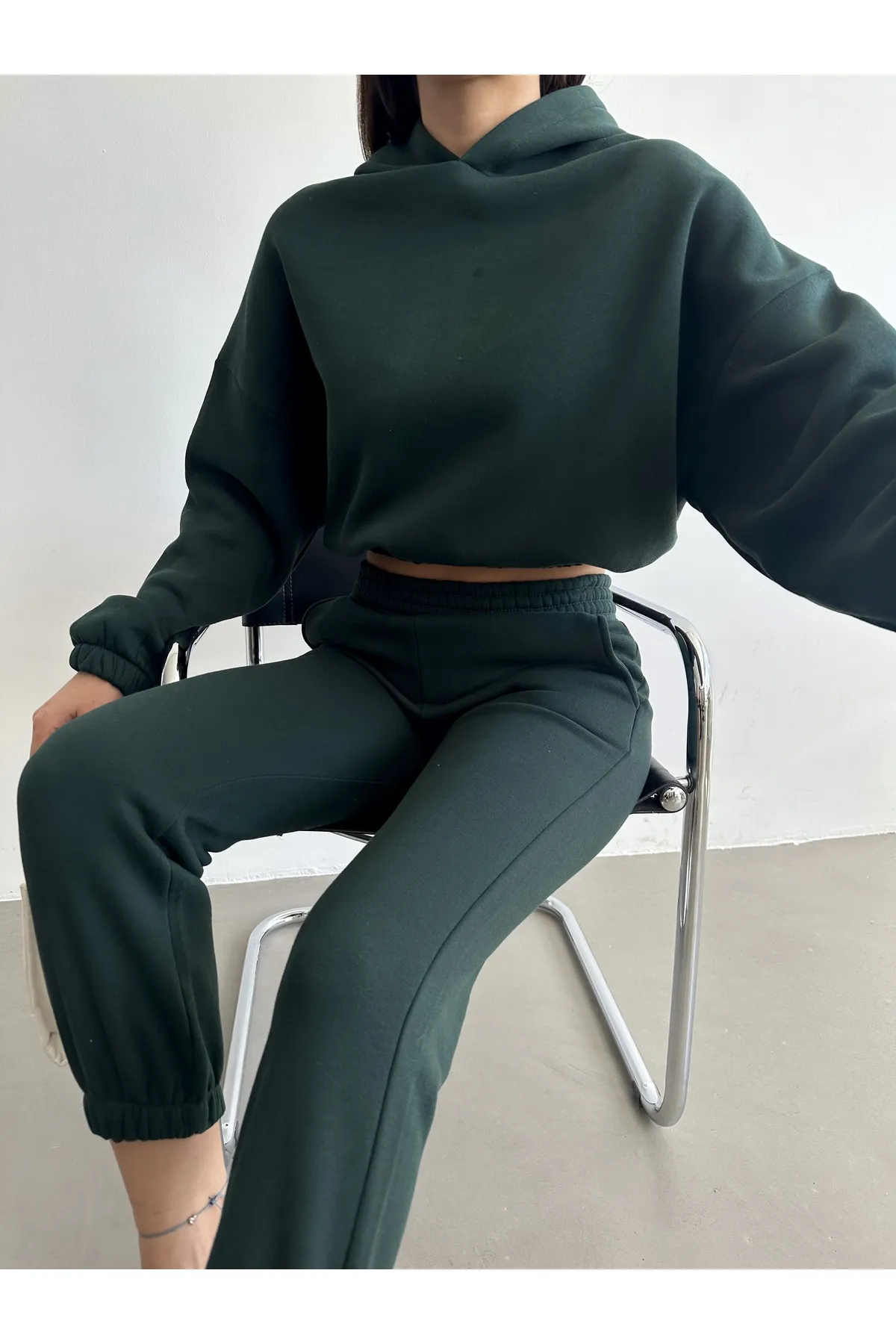BEJNA  Basic-Trainingsanzug-Set für Damen aus grüner Baumwolle mit Fleece-Innenseite