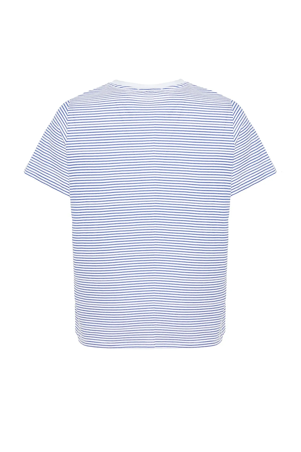 Trendyol Curve  Marineblaues, gestreiftes, gestreiftes Strick-T-Shirt mit Rundhalsausschnitt TBBSS23BF00068