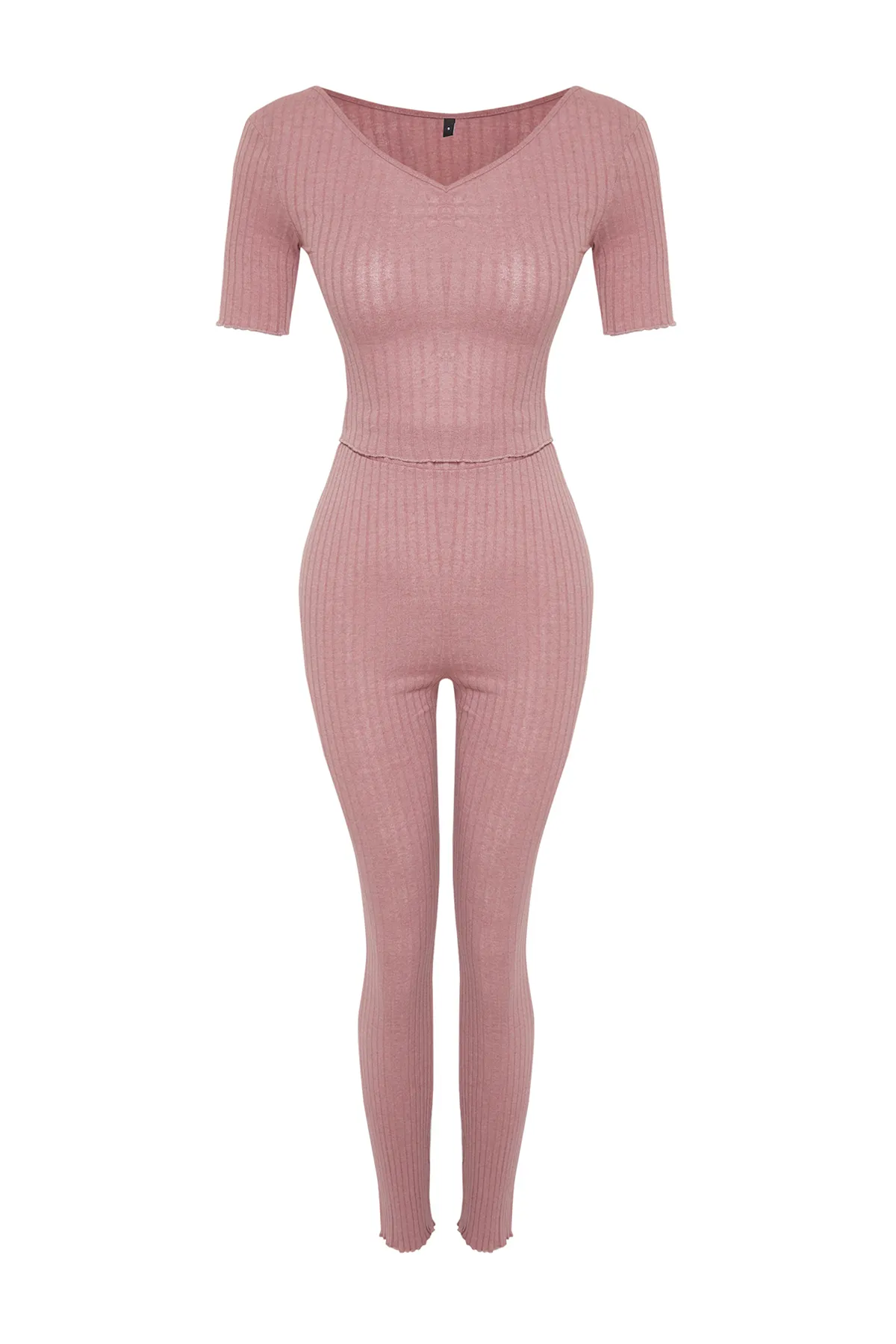 Trendyol Collection  Dried Rose V-Ausschnitt Raffung Detail Rippen Stretch Strick Bluse und Hose Unterteil-Top Set TWOSS24AU00100