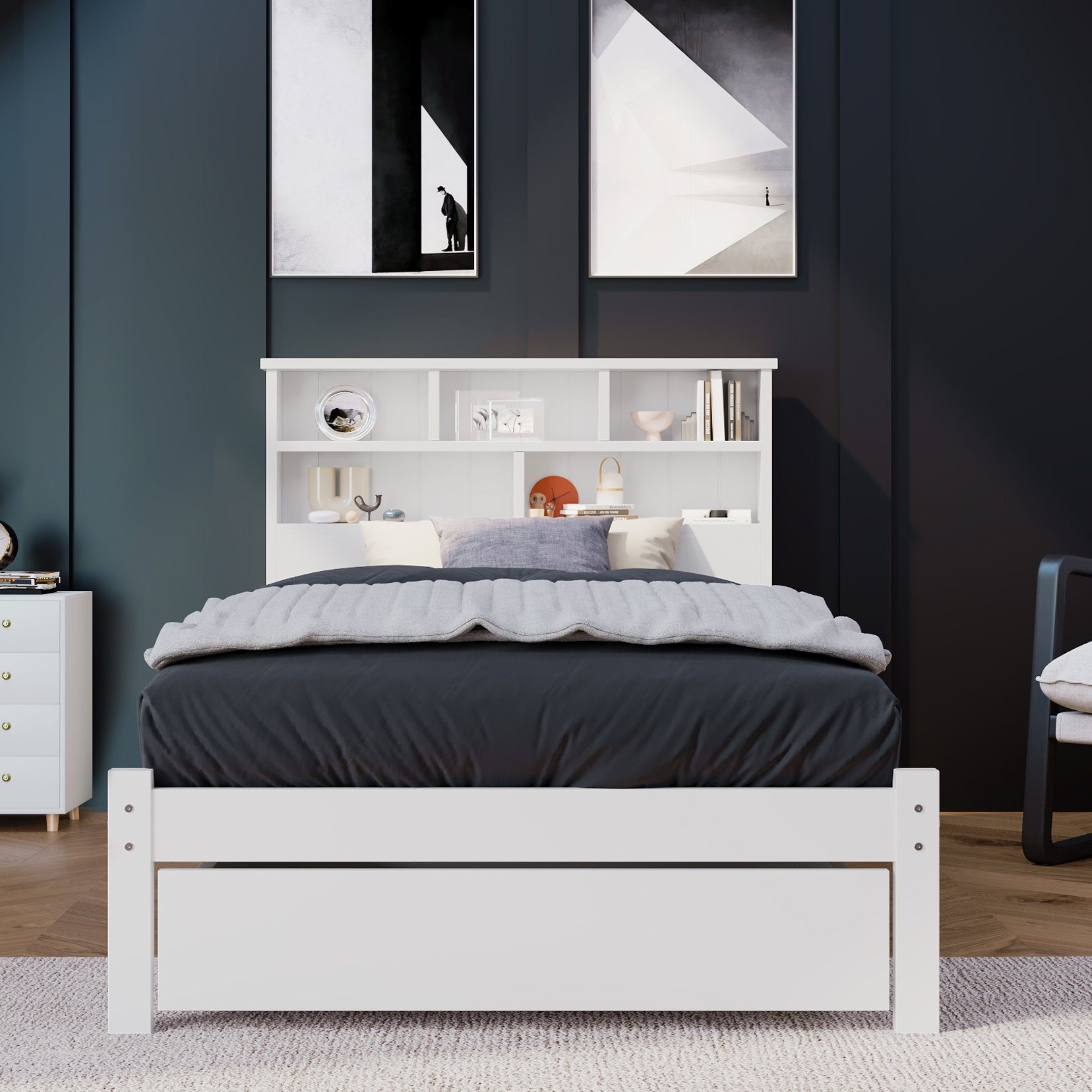 Flieks Massivholzbett, Einzelbett mit Bücherregal Kopfteil 90x200cm weiß