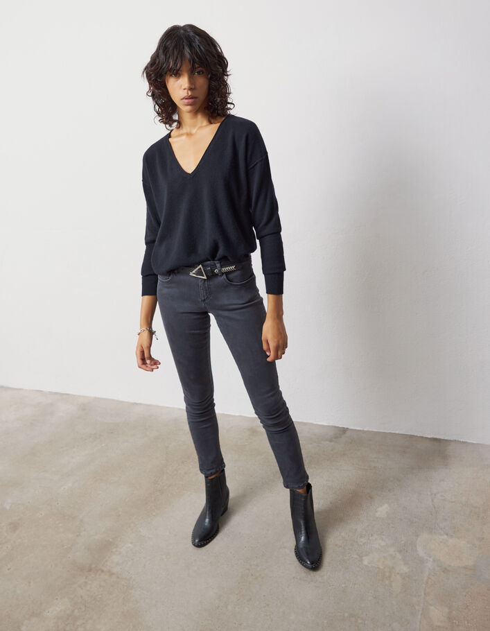 Pull noir en cachemire pointelles motifs chevrons femme