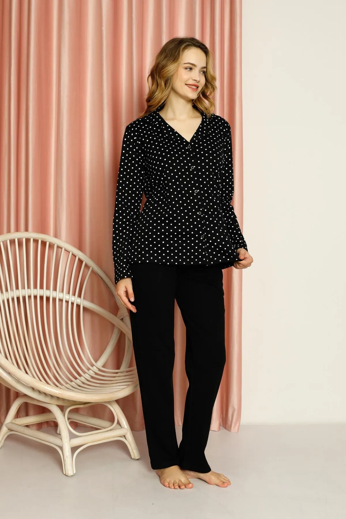 AHENGİM  Pyjama-Set für Damen, Interlock, gepunktet, durchgehend geknöpft, Baumwolle, saisonal, W20512278