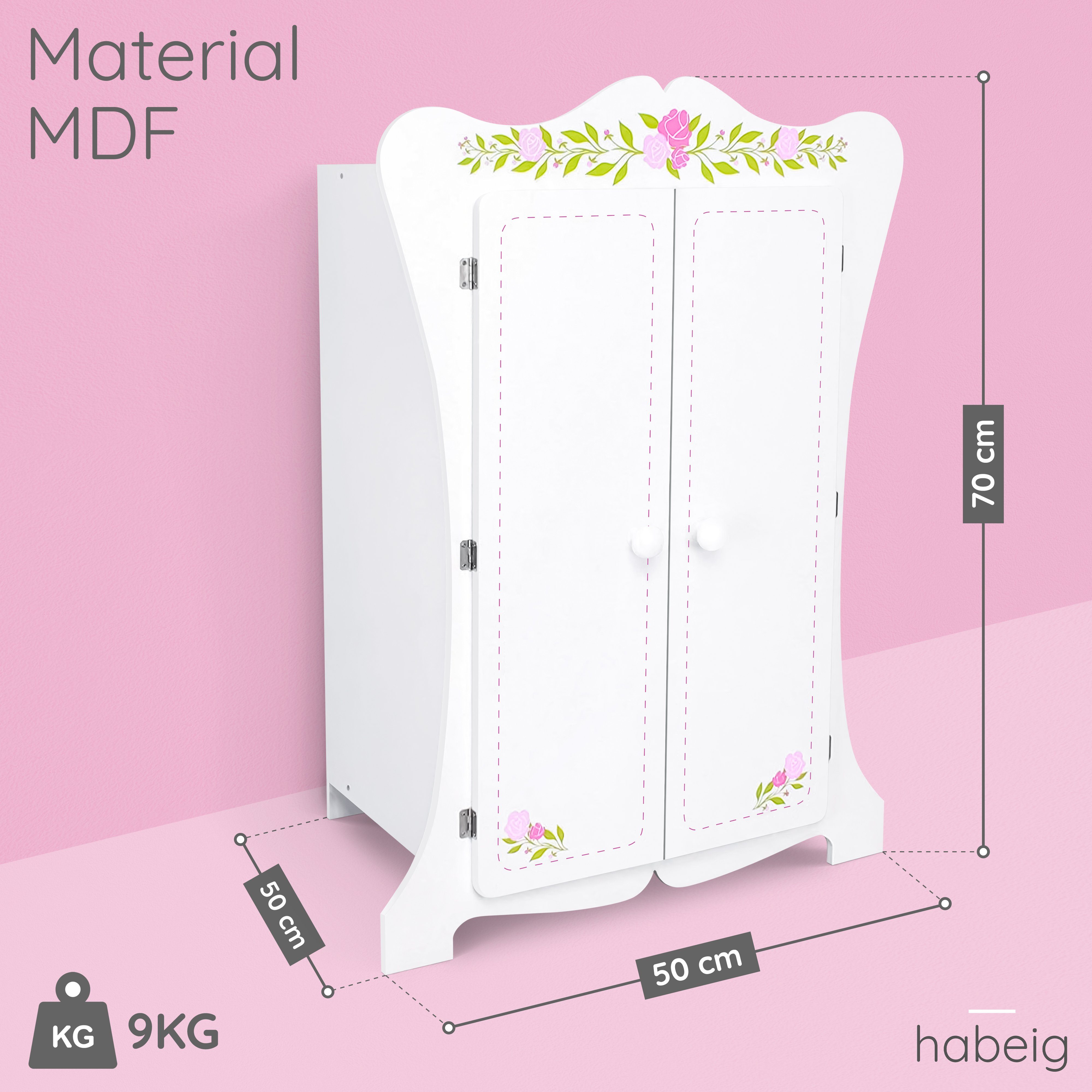 habeig Kleiderschrank Kinderschrank Kleiderschrank 70cm Wandschrank weiß Puppenschrank #355