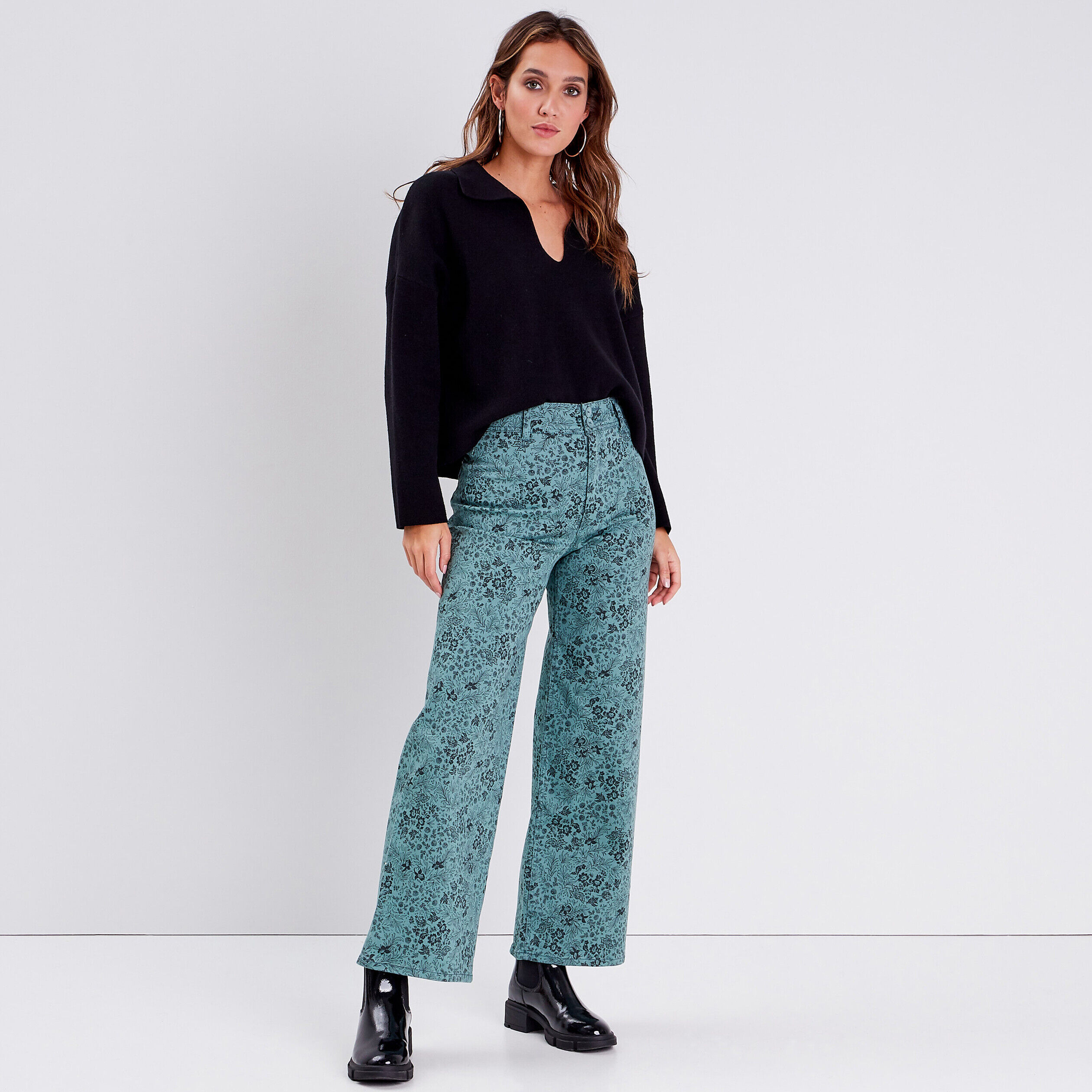 Jeans large taille haute vert femme | Cache Cache