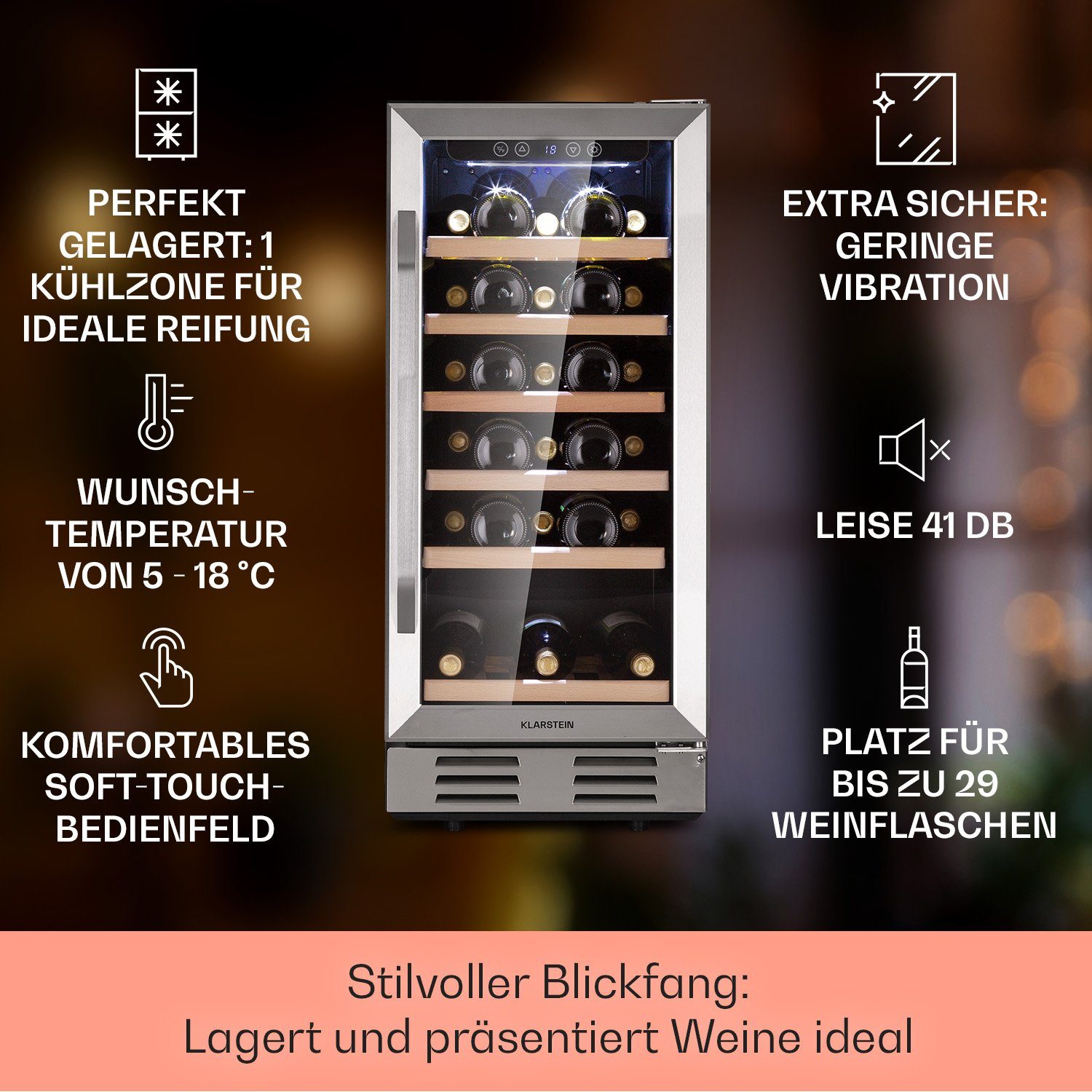 Klarstein Weinkühlschrank Vinovilla, für 31 Standardflaschen á 0,75l,Wein Flaschenkühlschrank Weintemperierschrank Weinschrank Kühlschrank