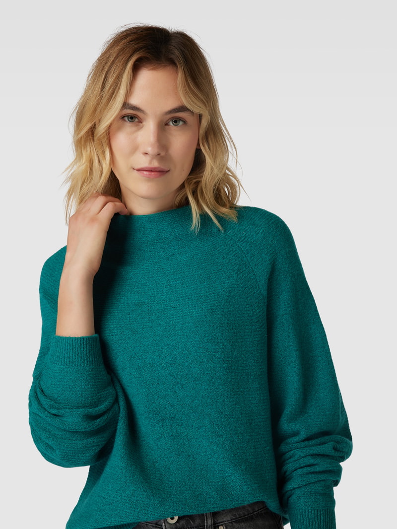 Strickpullover mit Lanawoll-Anteil und Rippenstruktur in petrol
