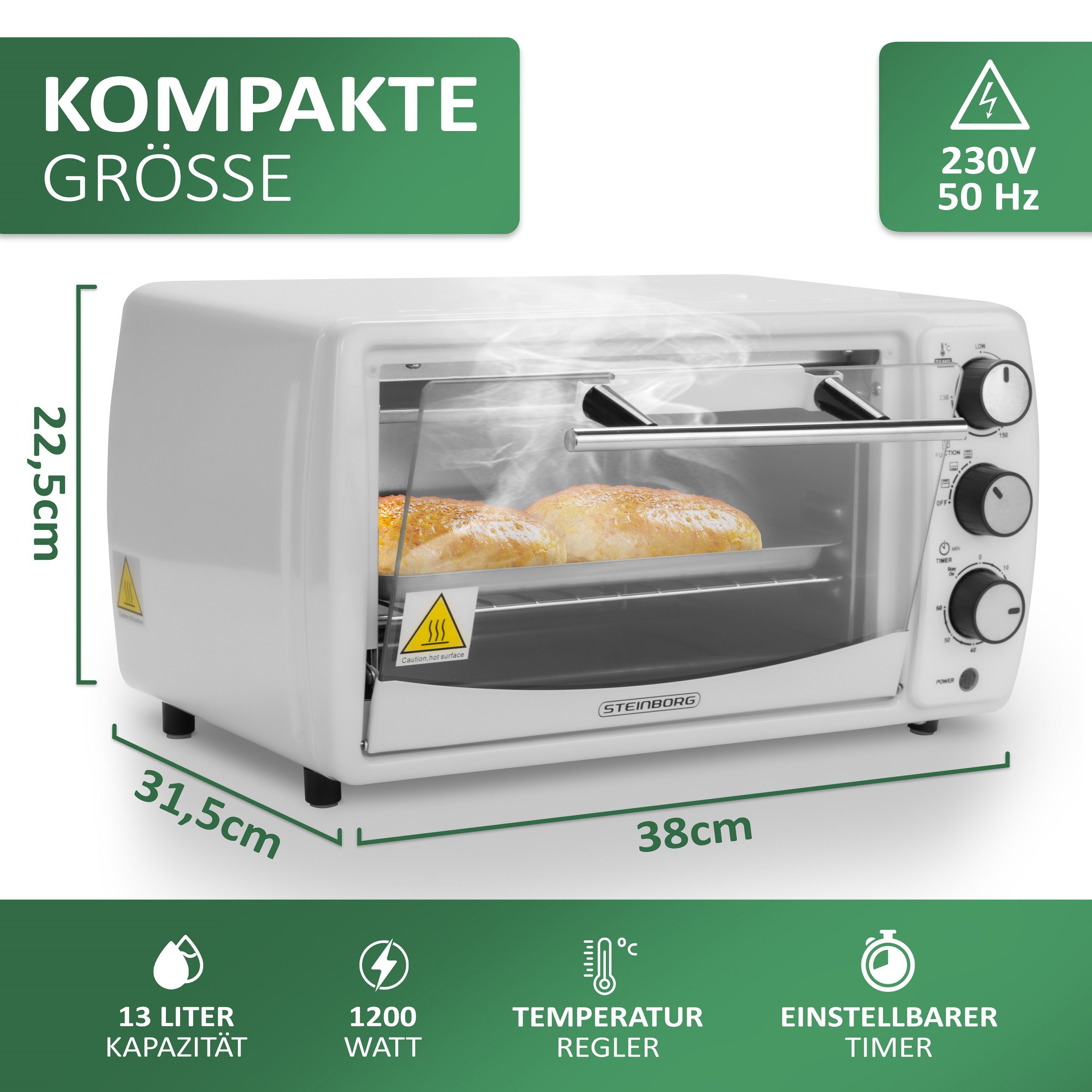 STEINBORG Minibackofen SB-3005w, 13 Liter, Großes Sichtfenster, Hitzebeständiges Gehäuse, 1200 Watt