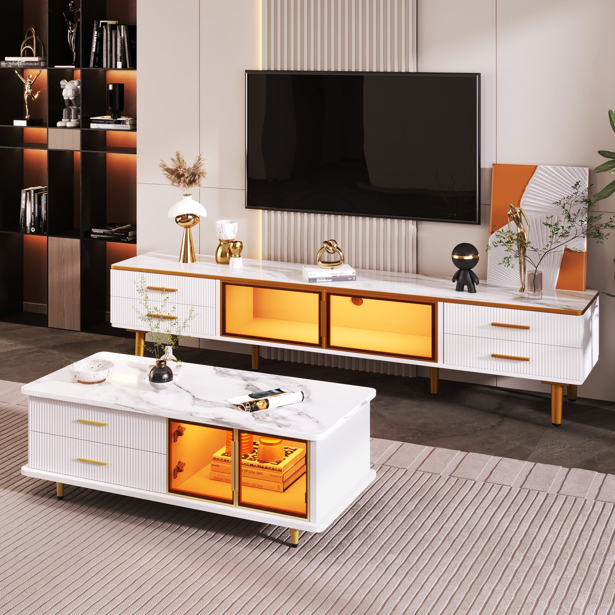 REDOM Wohnwand Couchtisch, TV-Schrank, (Schubladen mit Wellenstruktur, goldene Griffe und Beine, 2-St., Tür aus gehärtetem Glas,Rahmen aus Aluminiumlegierung), Enthält einen Couchtisch und einen Fernsehschrank.