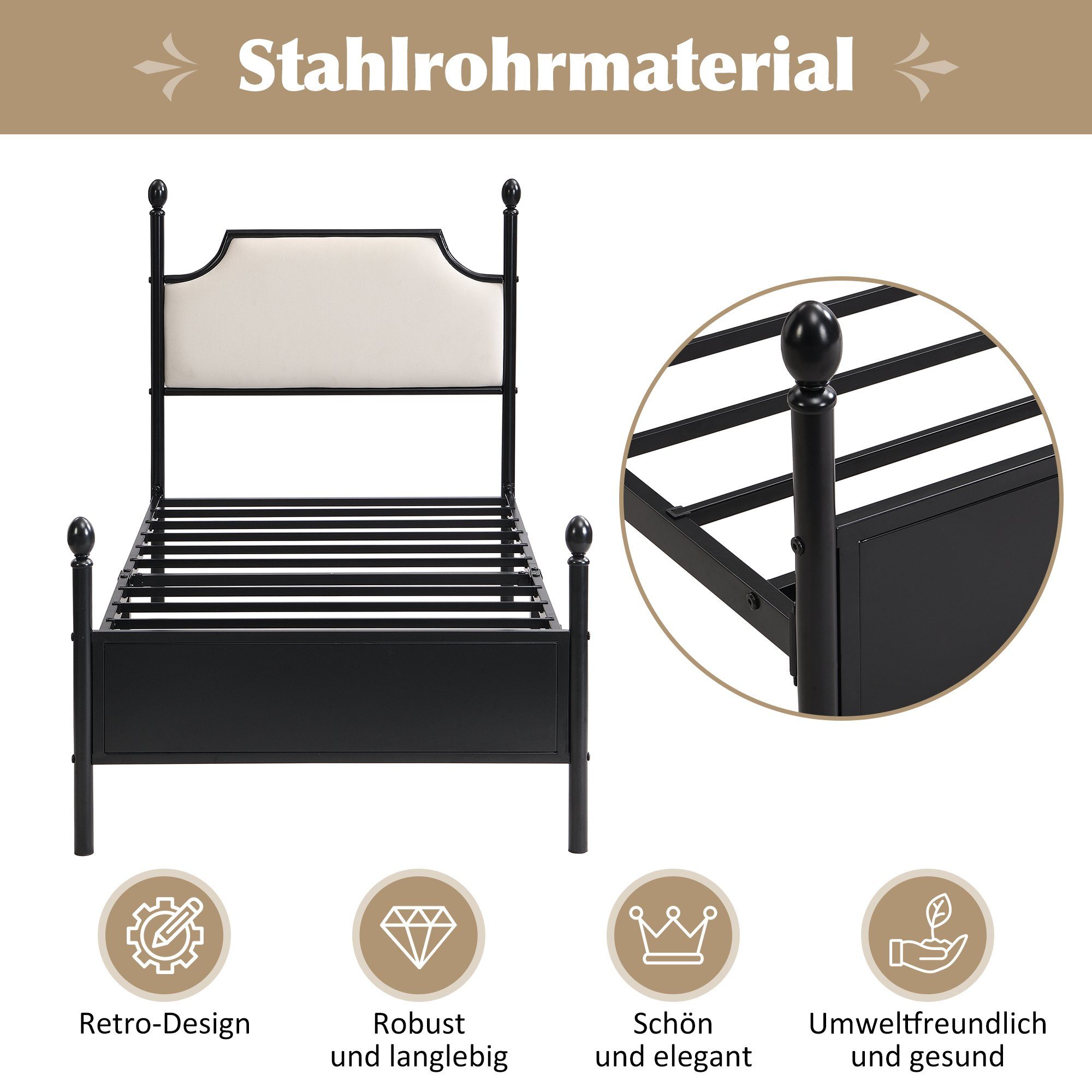 Flieks Metallbett, Einzelbett Kinderbett mit Lattenrost 90x200cm schwarz