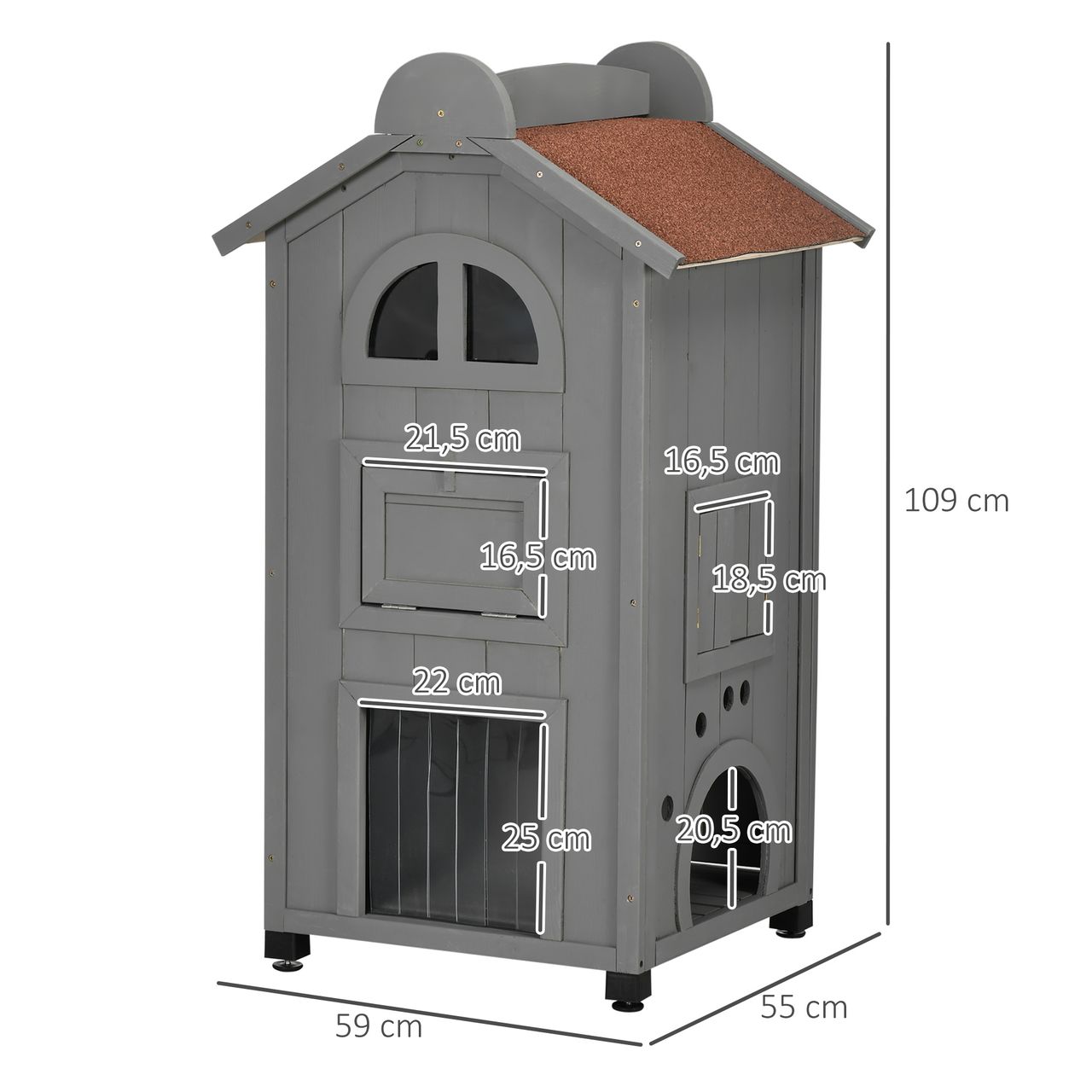 PawHut Katzenhaus für Katzenbett oder Katzentoilette, Katzenschrank, Katzenklo Indoor, Tannenholz, Asphaltdach, Grau   Weiß, 59 x 55 x 109 cm