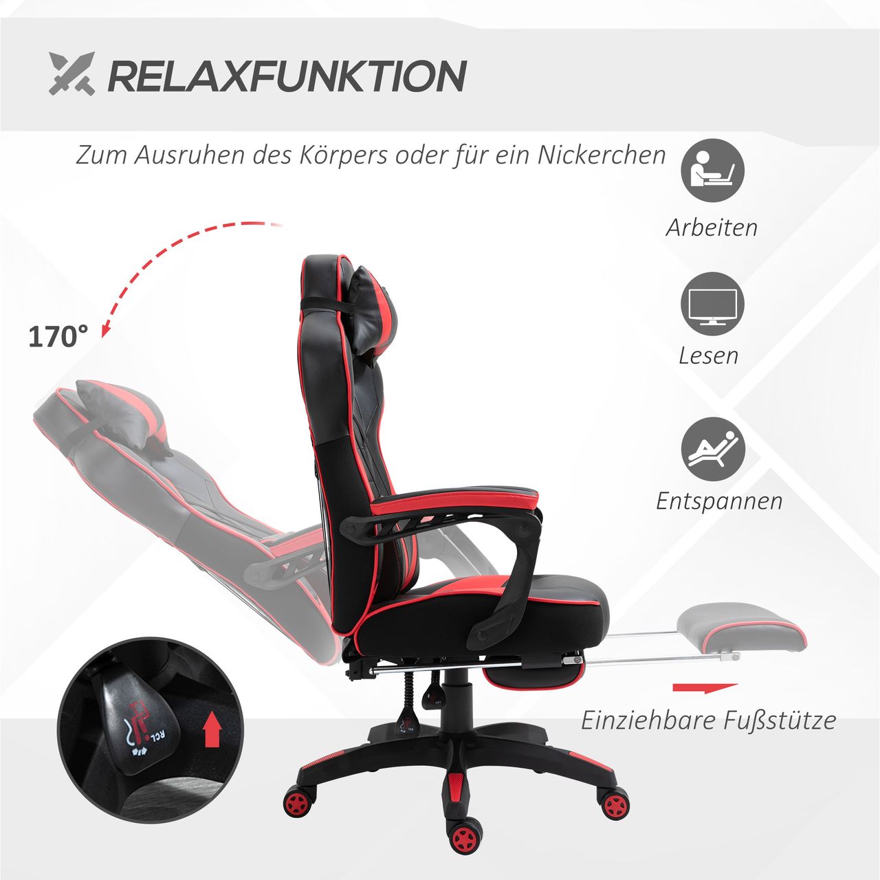 Vinsetto Ergonomischer Bürostuhl, Gaming Stuhl, Drehstuhl mit einziehbare Fußstütze und verstellbarer Rücken Schaumstoff PU-Leder Metall, Schwarz Rot, 65 x 70 x 118,5-128,5 cm