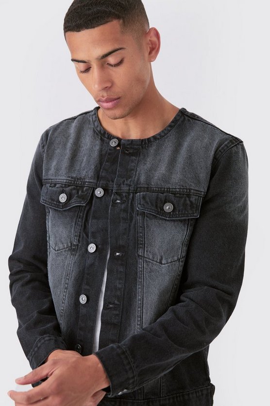 Kragenlose Jeansjacke in Schwarz