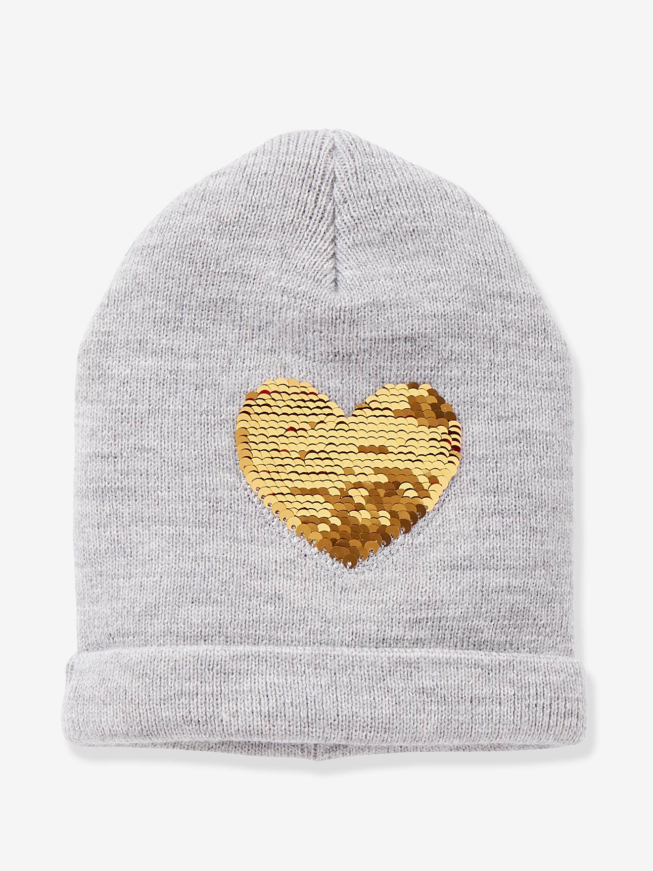 Bonnet à sequins réversibles fille gris clair chiné