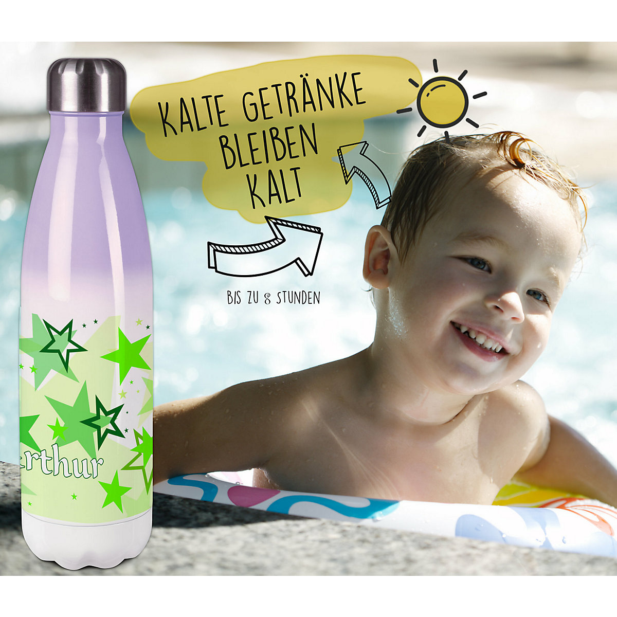 Edelstahl Kinder Thermoflasche / Trinkflasche bunt Sternenhimmel Farbe grün Spülmaschinenfest, Auslaufsicher, Bruchfest, Doppelwandig, Für Heißgetränke geeignet, Mit Deckel, Isoliert