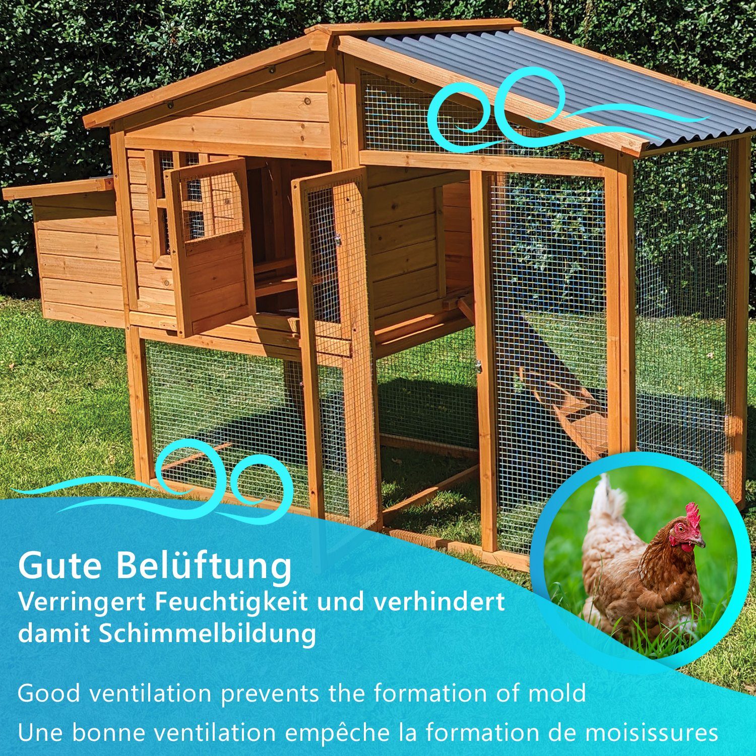 NYVI Hühnerstall Hühnerhaus XXL Liese 180x62x119 cm – Hühnerstall mit recyceltem Dach, Imprägniertes Holz, winterfest, mit Auslauf, mit PVC Dach