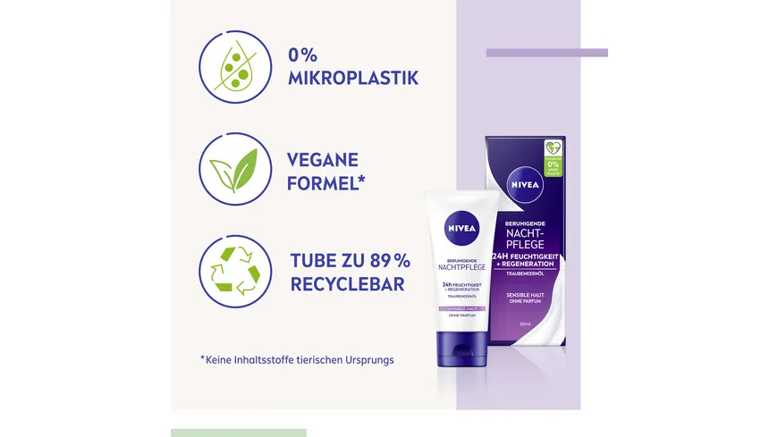 NIVEA Beruhigende Nachtpflege 24h Feuchtigkeit + Regeneration Sensible Haut Tube 50 ml