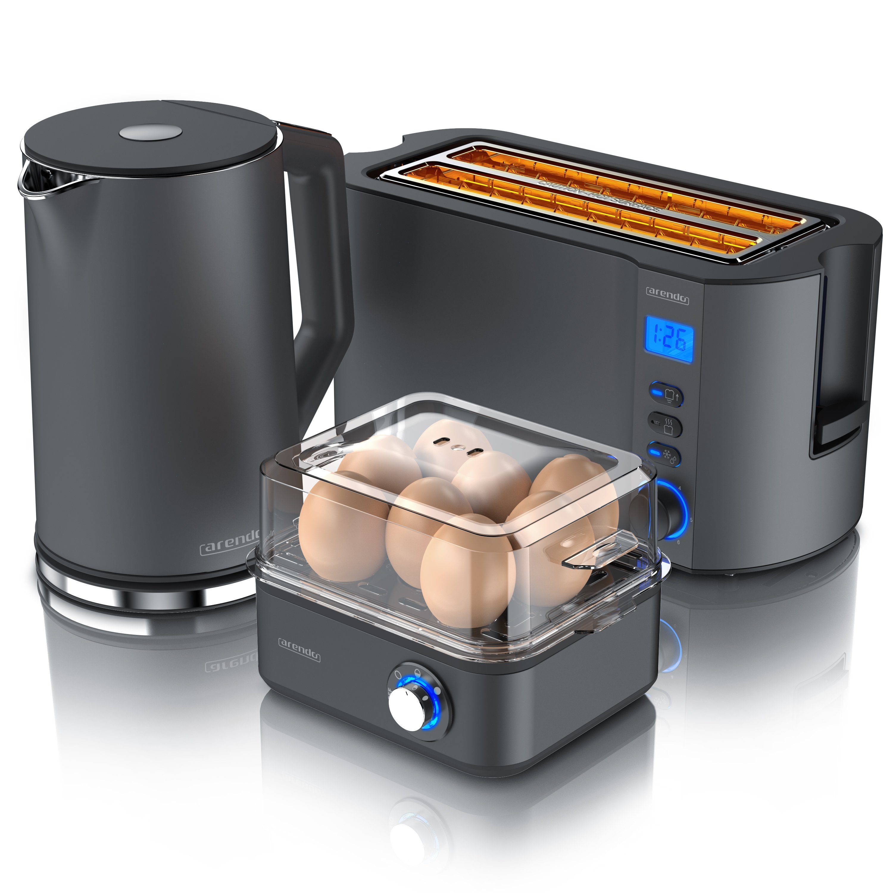 Arendo Frühstücks-Set (3-tlg), Wasserkocher 1,5l, 4-Scheiben Toaster, 8er Eierkocher, Grau