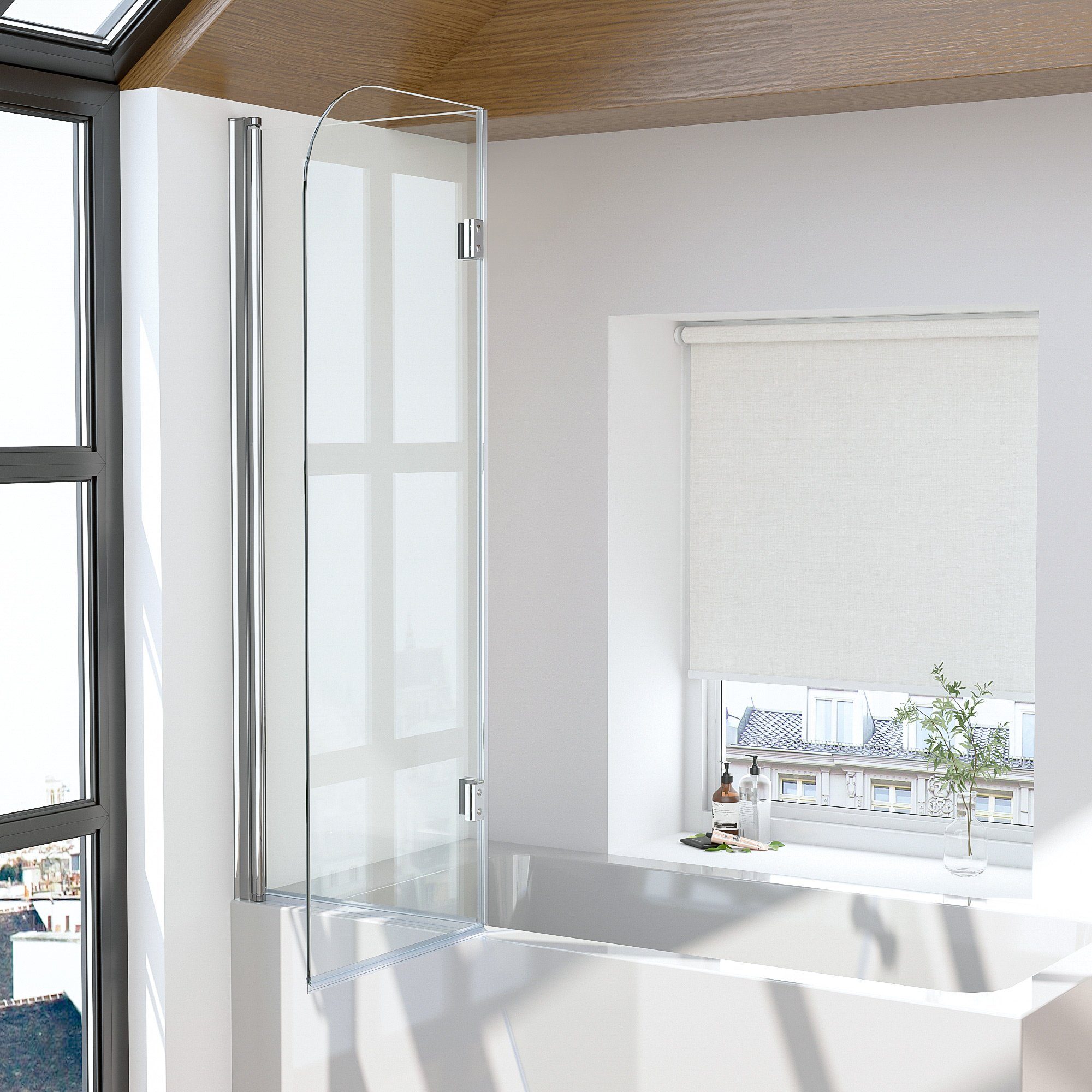 Boromal Badewannenaufsatz Duschwand für Badewanne 2teilig 120x140 Schwarz / Chrom Duschtrennwand, (Klarglas /Teilsatiniert glas), Badewannenfaltwand Glaswand 6mm ESG Glas