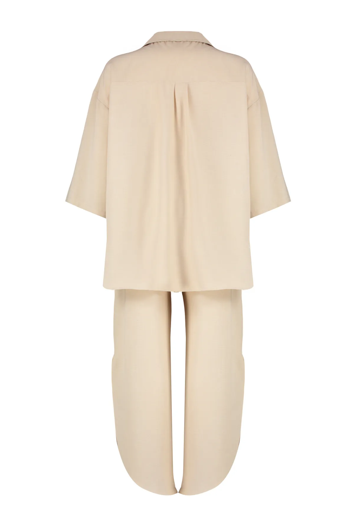 Trendyol Collection  Beiges, gewebtes Hemd-Hosen-Set aus Leinenmischung mit Bindeband TBESS24AU00031