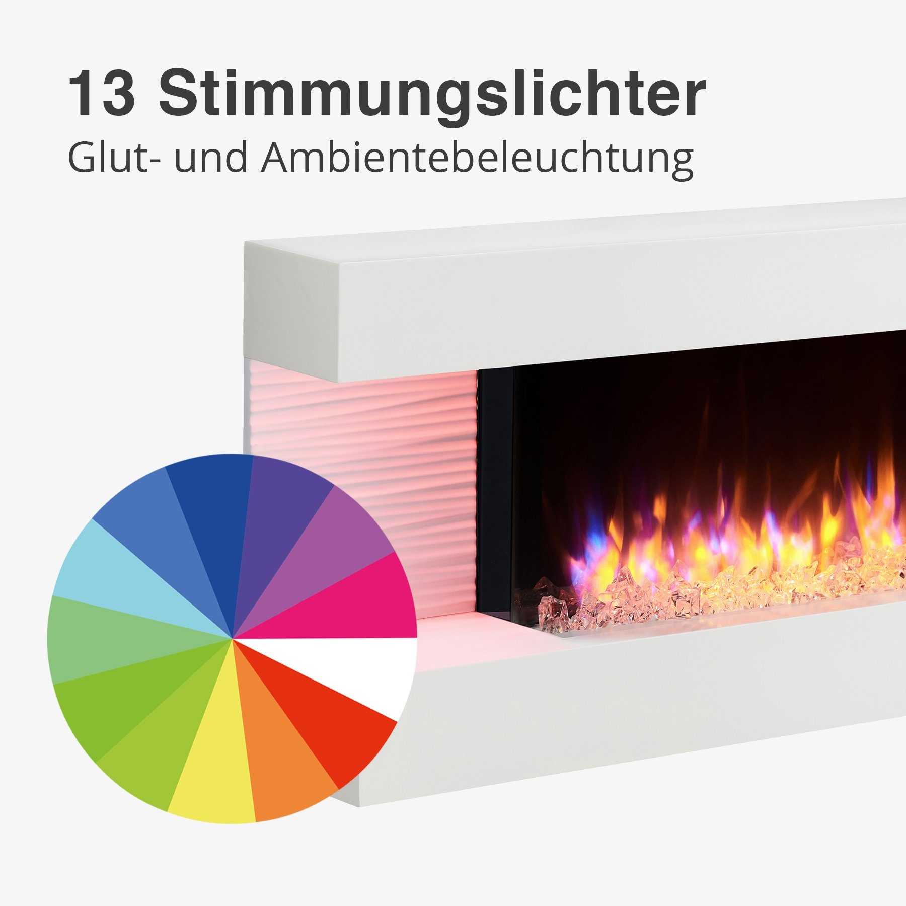 RICHEN Elektrokamin Hestia, Wandkamin mit Heizung 2000W, 3D-Flammeneffekt, LED-Beleuchtung, Fernbedienung, Timer, Thermostat
