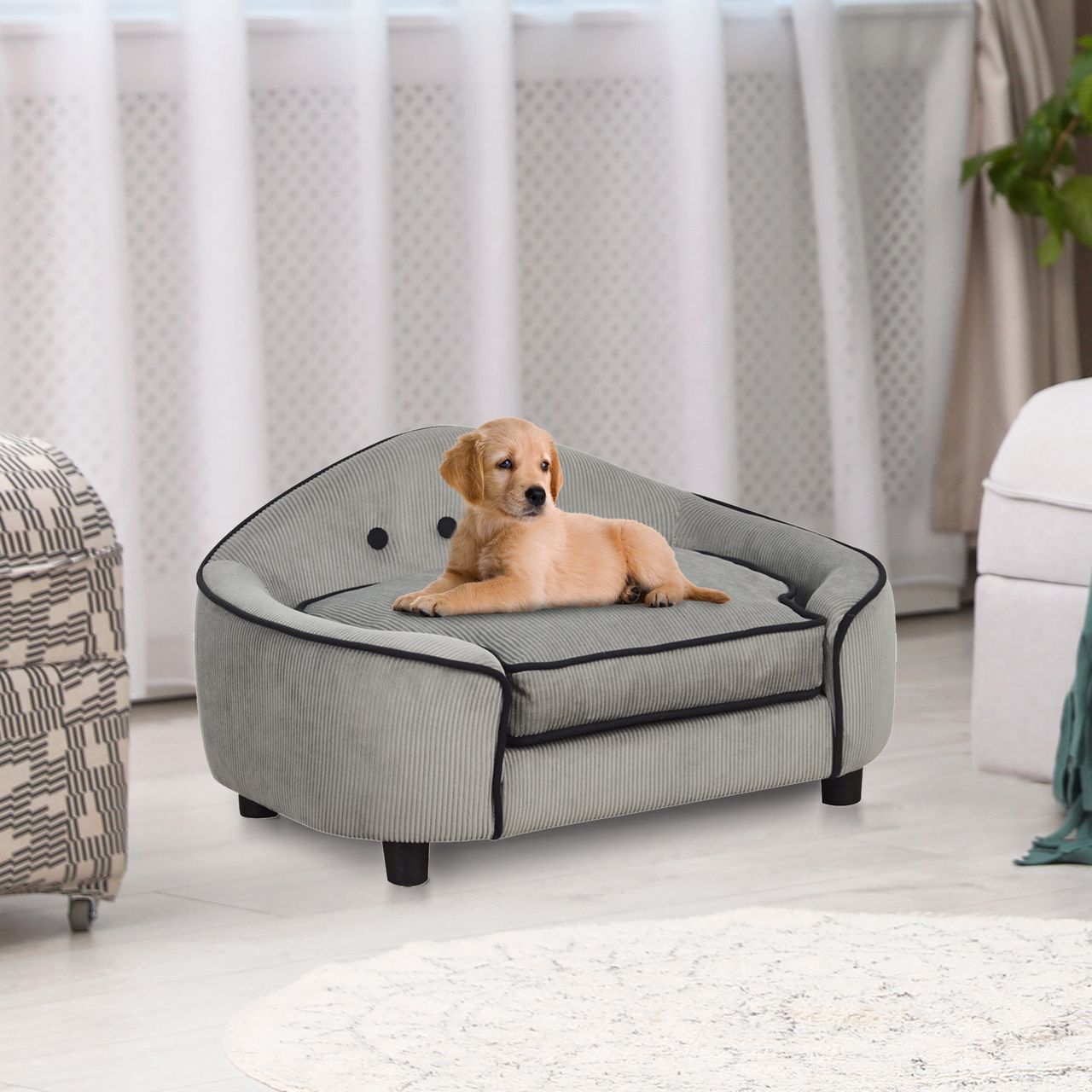 PawHut Haustiersofa, Hundebett, Hundematte, Hundesofa, Naturholz Plüsch, Grau, 66,5 x 45 x 35,5 cm