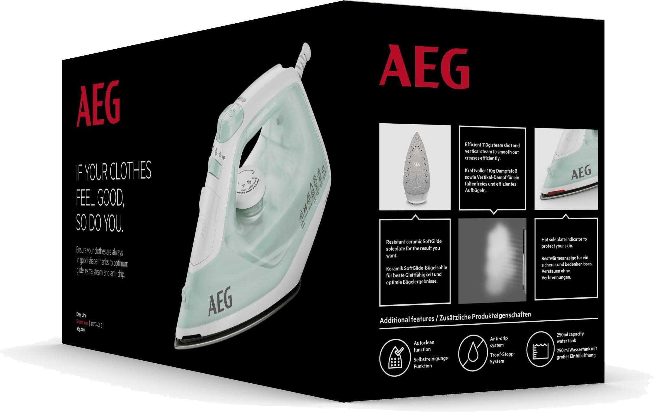 AEG Dampfbügeleisen EasyLine DB 1740LG, 2400 W, Filtration mit Anti-Kalk-Patrone, Restwärmeanzeige, 110 g Dampfstoss