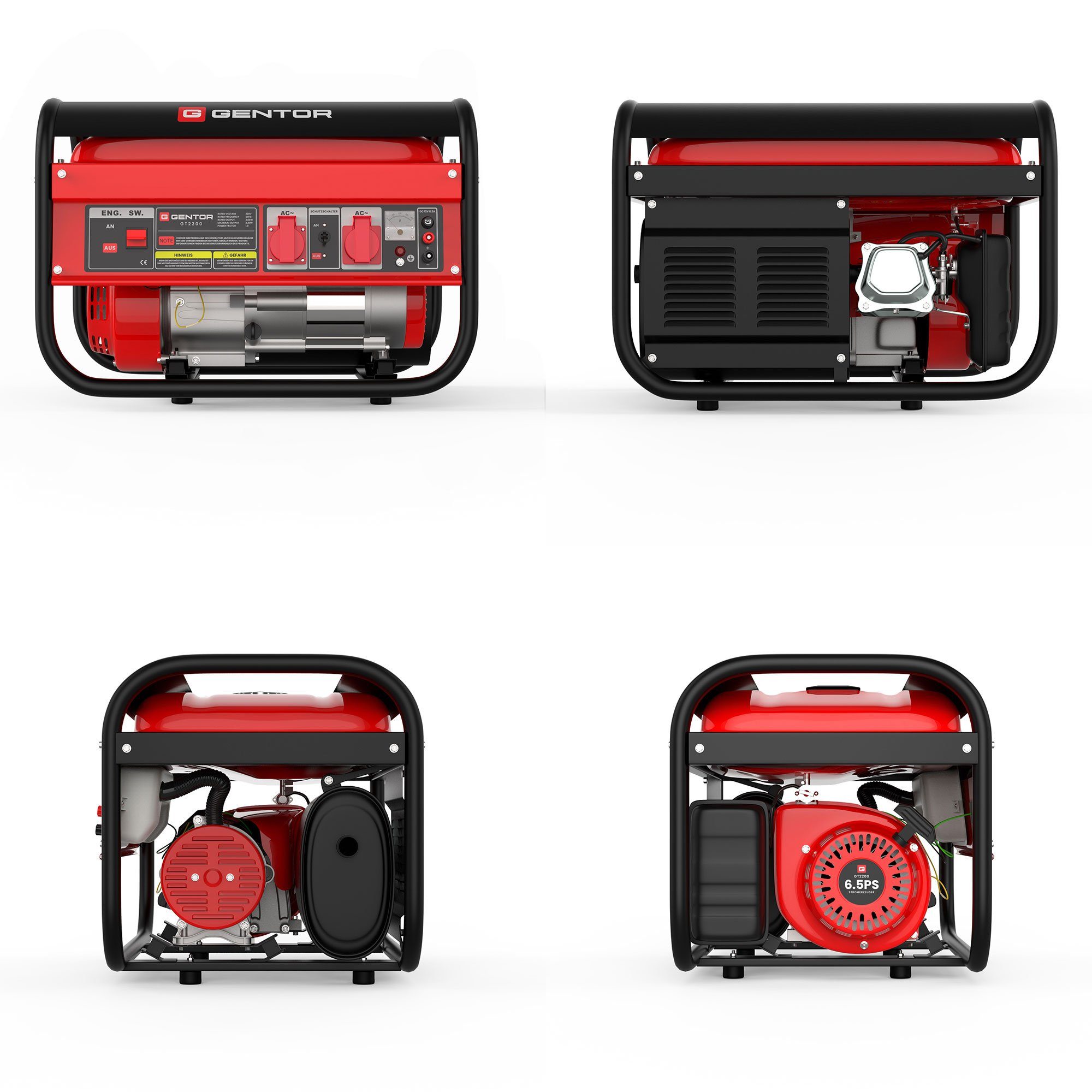 BLACKCOCO's GmbH Stromerzeuger 4-Takt 6.5 PS 2200W GT2200 Stromerzeuger Generator, 4,8 in kW, (Komplett-Set), Benzin Generator Stromerzeuger 2200 Watt 230V Steckdose