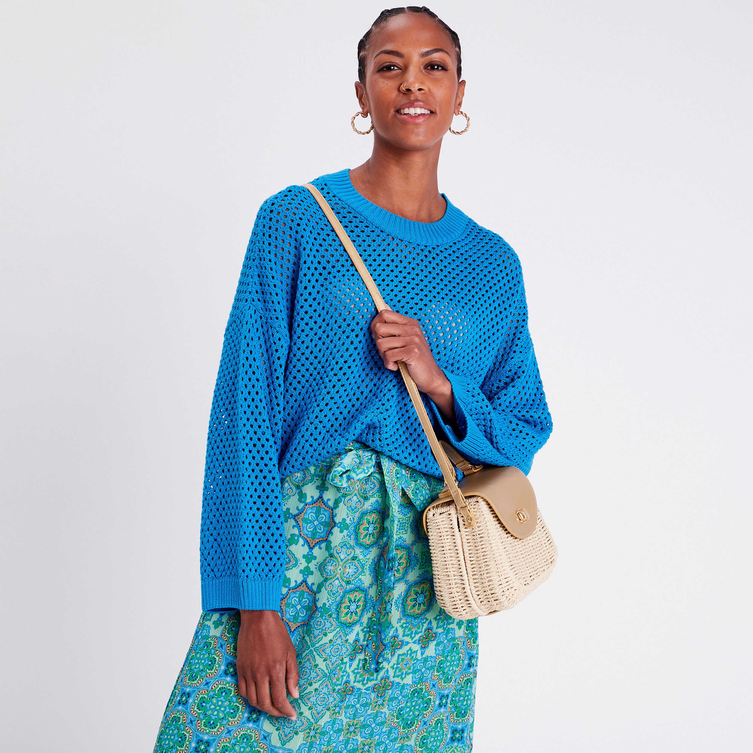 Pull ajouré col rond bleu femme | Cache Cache