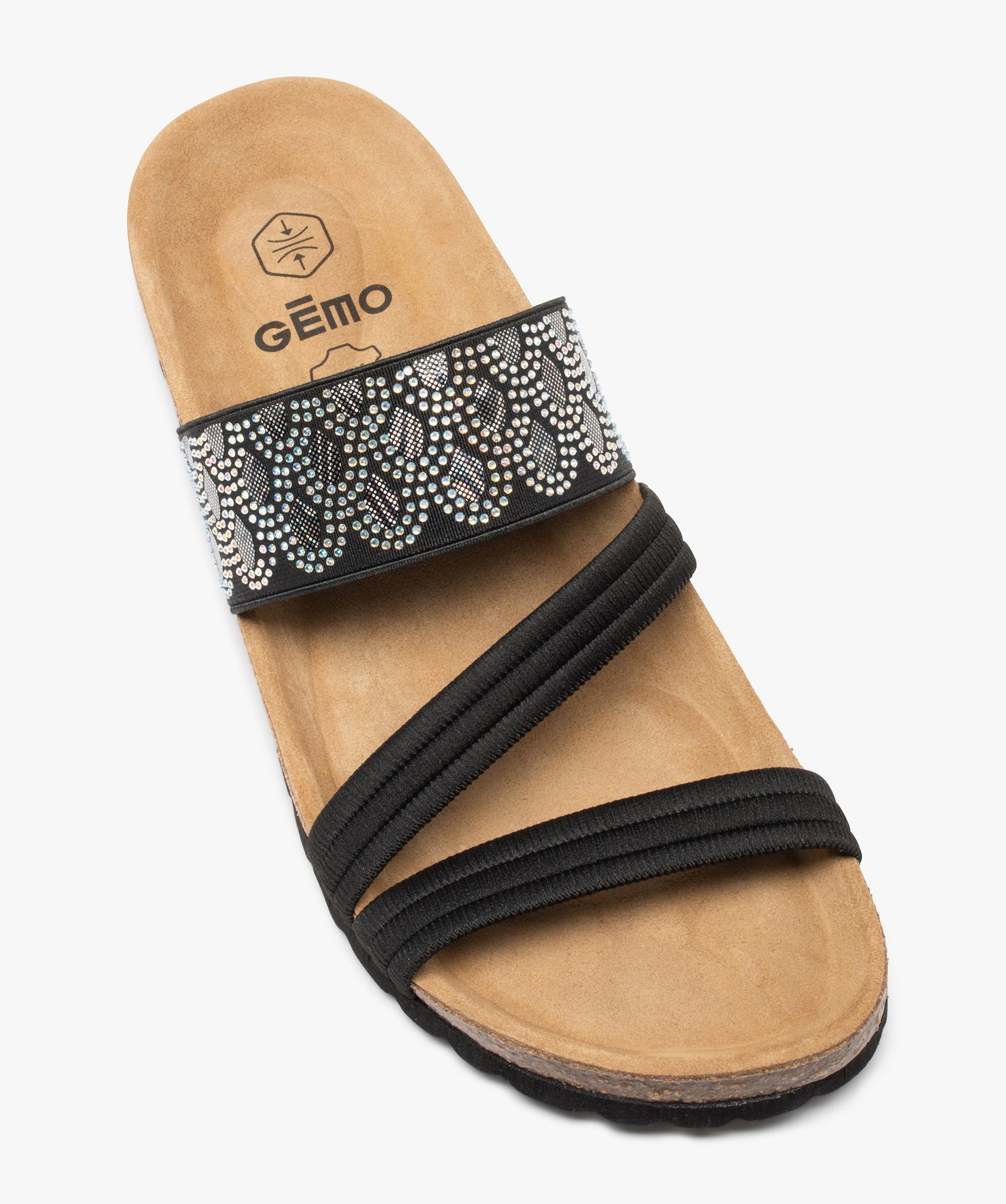 Mules femme à talon plat avec brides élastiques fantaisie noir | GEMO