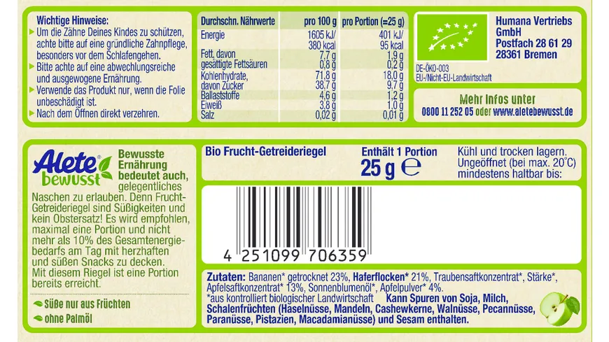 Alete bewusst Bio Frucht-Getreideriegel Banane Apfel 25 g