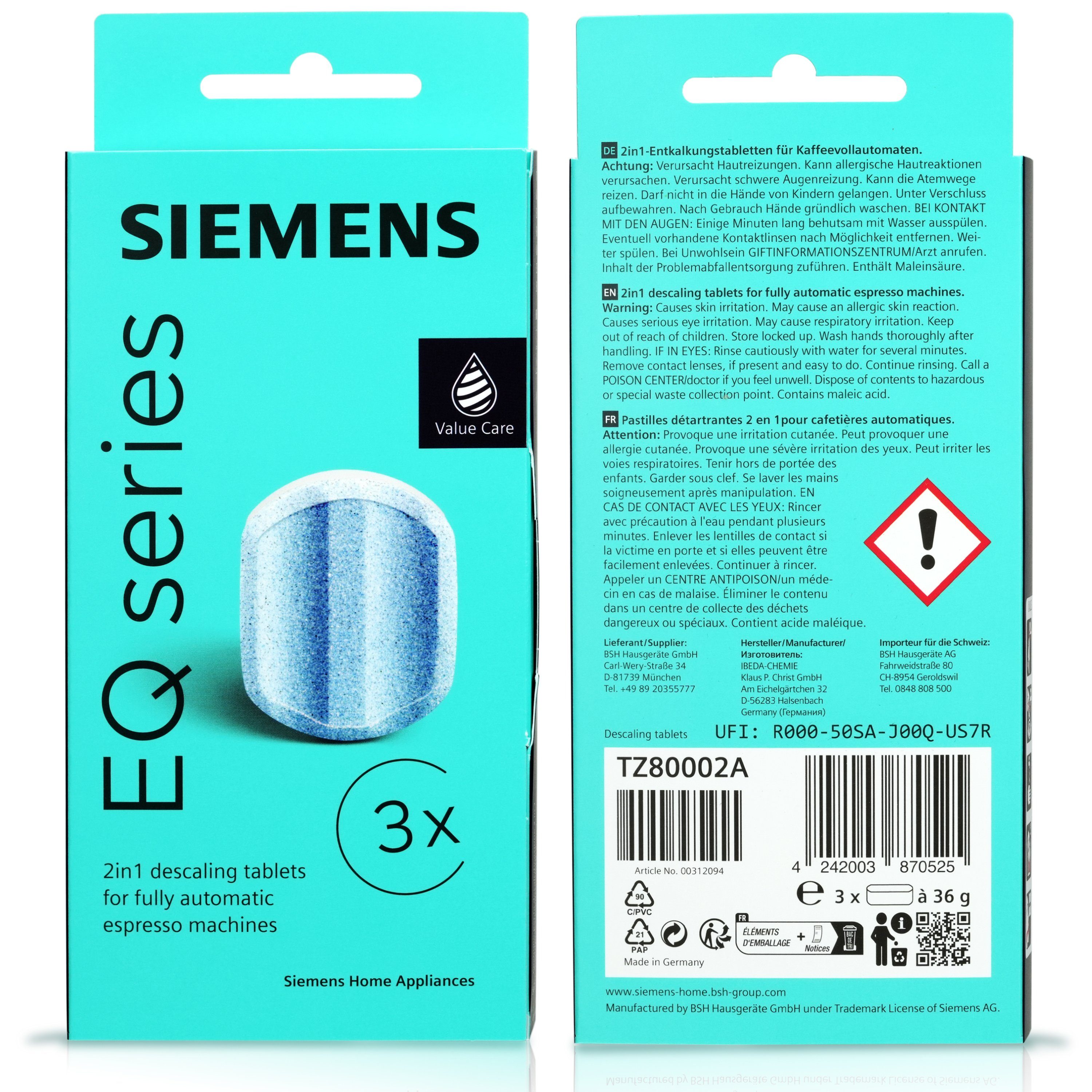 SIEMENS Siemens Entkalkungstabletten TZ80002A Set 2 x 3 Stück Entkalker (für 6 Entkalkungsvorgänge)