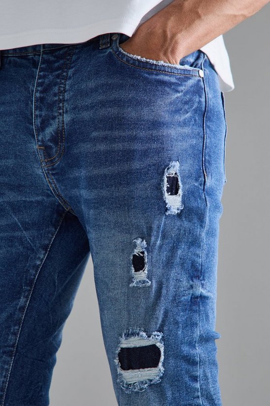 Mittelblaue Skinny Stretch Jeans mit Rissen