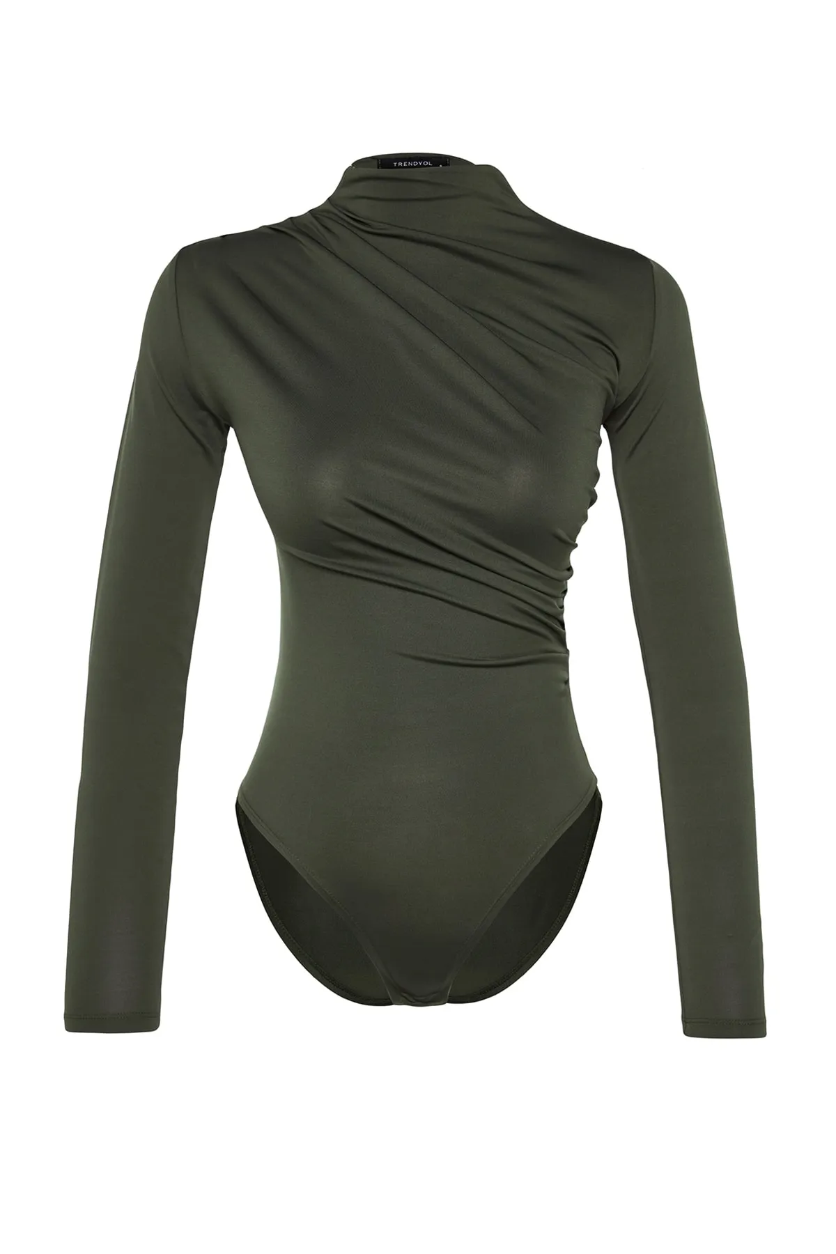 Trendyol Collection  Khakifarbener Stretch-Strickbody mit Stehkragen und Druckknöpfen, gerafftem Detail TWOAW24BD00014