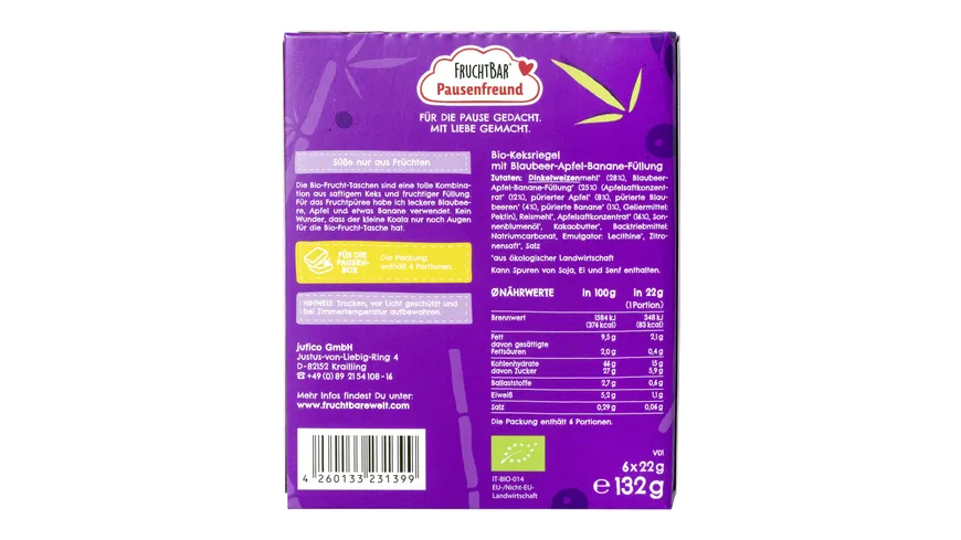 FRUCHTBAR Pausenfreunde Bio Frucht-Tasche Dinkel, Heidelbeere, Apfel, Banane 132 g