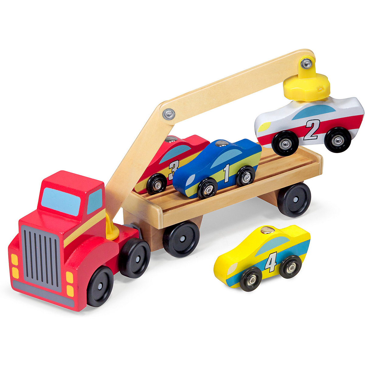 Magnetischer Autoverladekran aus Holz mit Fahrzeugen, 6 Teile