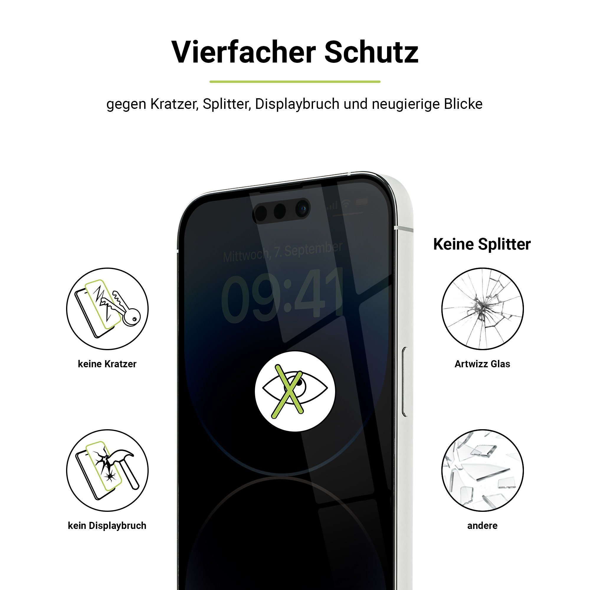 Artwizz Sichtschutzfolie PrivacyGlass, Displayschutz mit Blickschutz aus 100% Sicherheitsglas, iPhone 15
