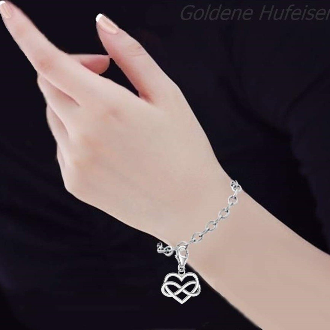 Goldene Hufeisen Charm Herz Unendlichkeit Herz Karabiner Charm für Bettelarmband 925 Silber (1 Stück, inkl. Etui), für Gliederarmband oder Halskette
