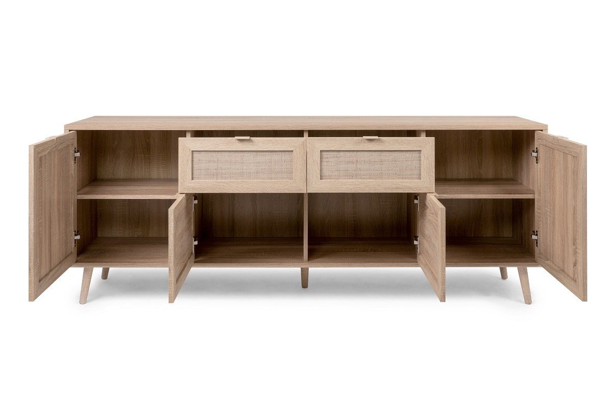 Finori Sideboard Sideboard Kommode groß Bali, Sonoma Eiche / Rafia Geflecht, Mediterr