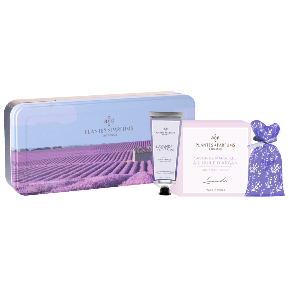 Plantes et Parfums 1 sachet Autour de la Lavande  - Crème Mains Lavande - savon 100g Lavande Boîte Métal Rectangulaire
