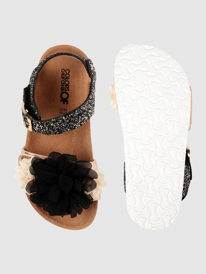 Sandalen mit Blüten-Applikationen in schwarz