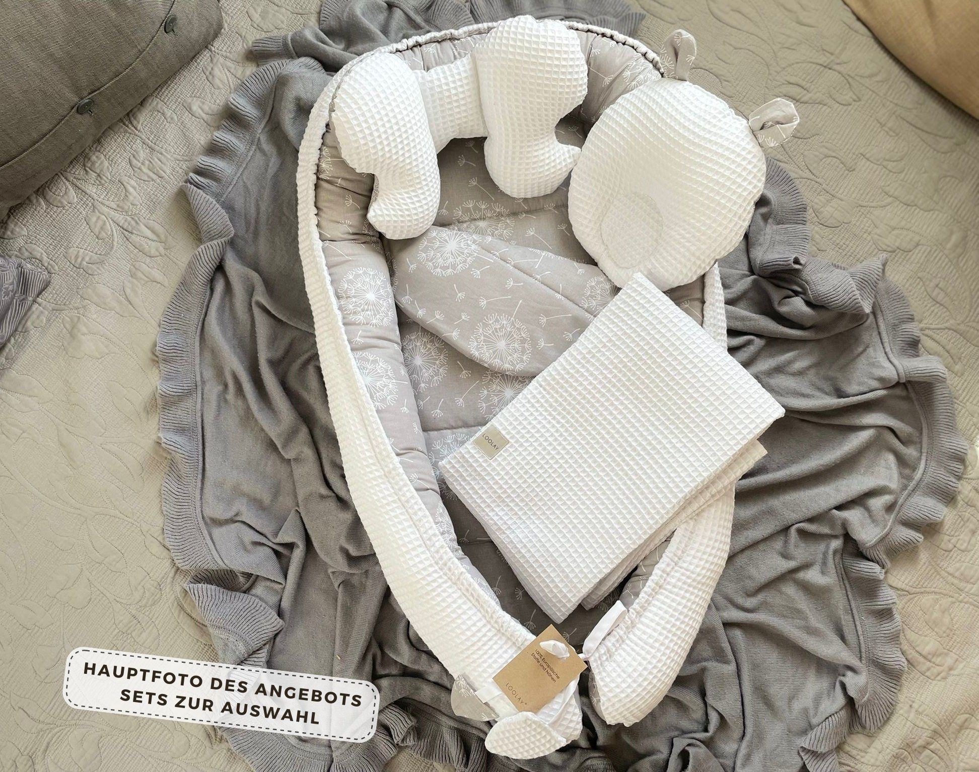 Loolay Bettnestchen WAFFELPIQUE Baumwolle BABYNEST Babykokon Neugeborene Babyausstattung, (Reisebett Nestchen SOLO/ o. in Geschenk SETS, 1-tlg., 4 Jahreszeiten WAFFELSTOFF - Design: Pustelblume Grau/ WAFFEL Weiß), 100% Europäische Stoffe und Kleinser