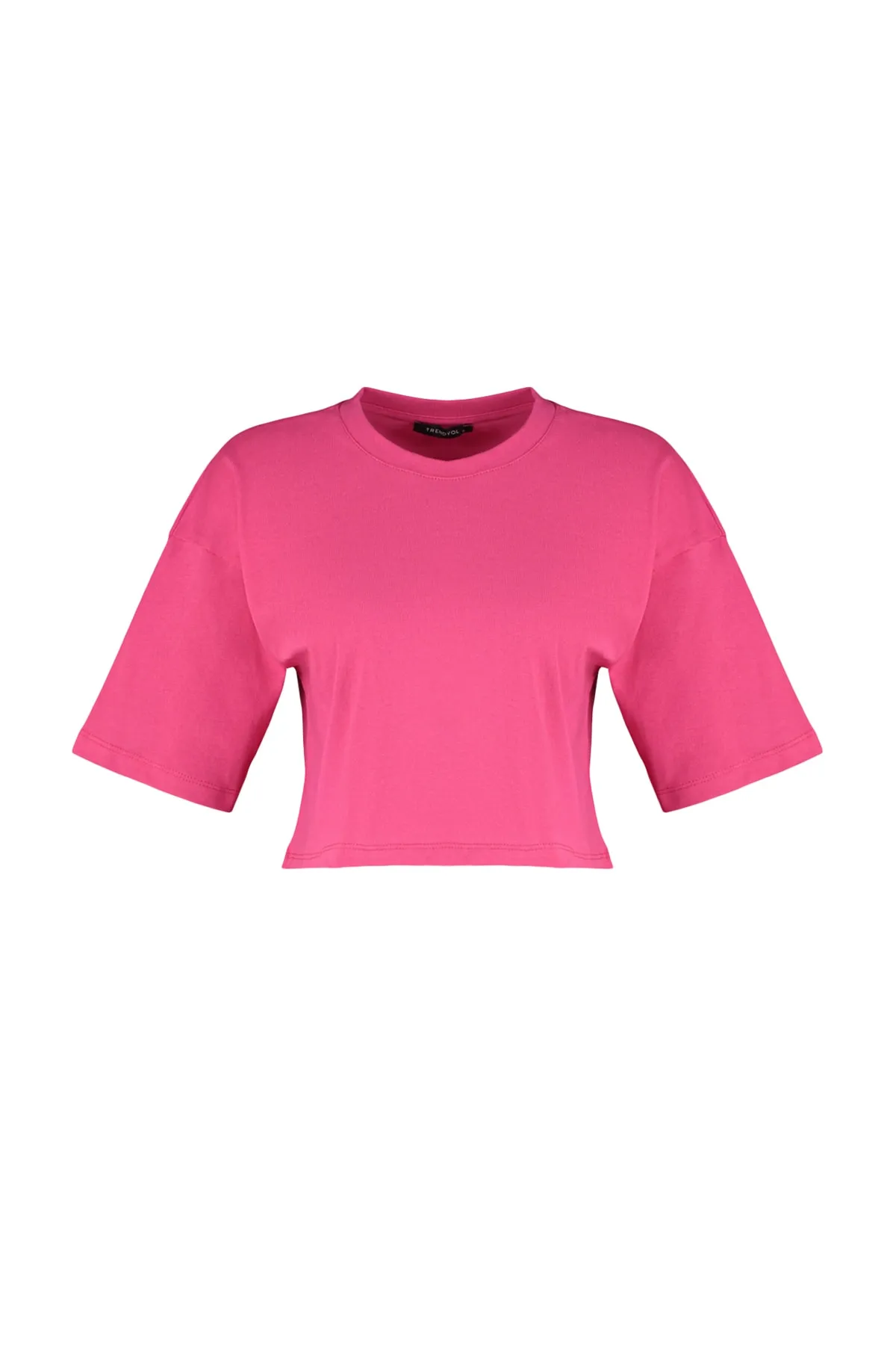 Trendyol Collection  Fuchsiafarbenes, kurz geschnittenes Premium-Strick-T-Shirt aus 100 % Baumwolle mit Rundhalsausschnitt TWOSS23TS00038