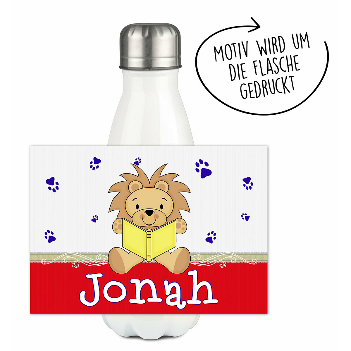 Edelstahl Kinder Thermoflasche / Trinkflasche bunt Leselöwe Farbe rot Spülmaschinenfest, Auslaufsicher, Bruchfest, Doppelwandig, Für Heißgetränke geeignet, Mit Deckel, Isoliert