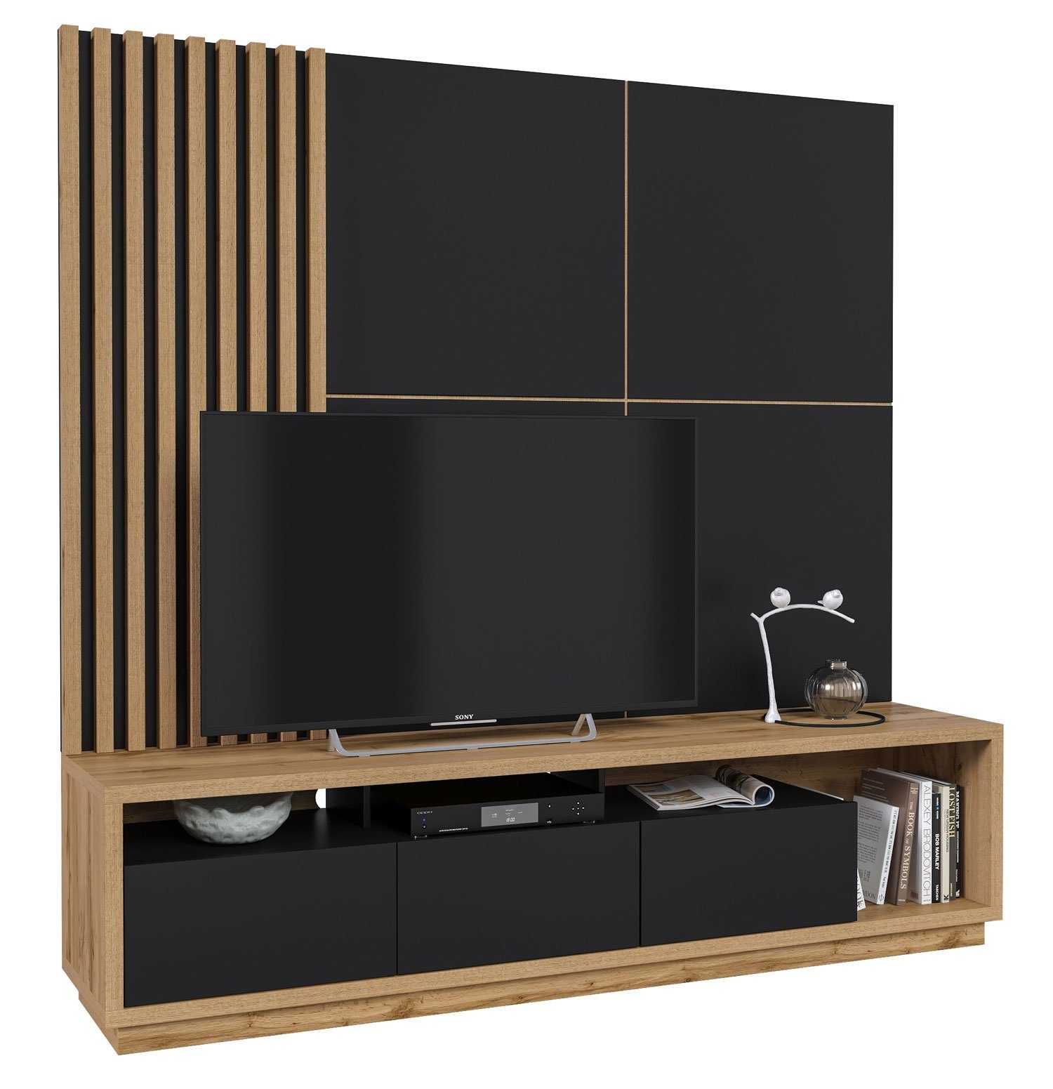 Helvetia Wohnwand Celine, 3-teiliges Wohnzimmer Set 200x45x196cm wotan eiche / schwarz matt